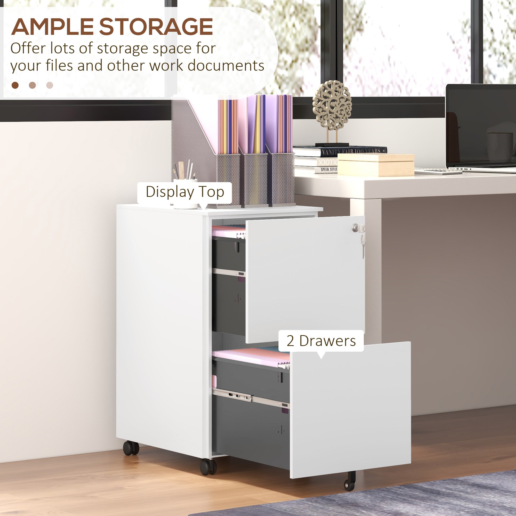 Vinsetto 2-Drawer Vertical Filing Cabinet with Lock and 5 Wheels, Steel Mobile File Cabinet, for A4, Legal and Letter Size, Pre-Assembled Body, White - North Peak Garden Furniture