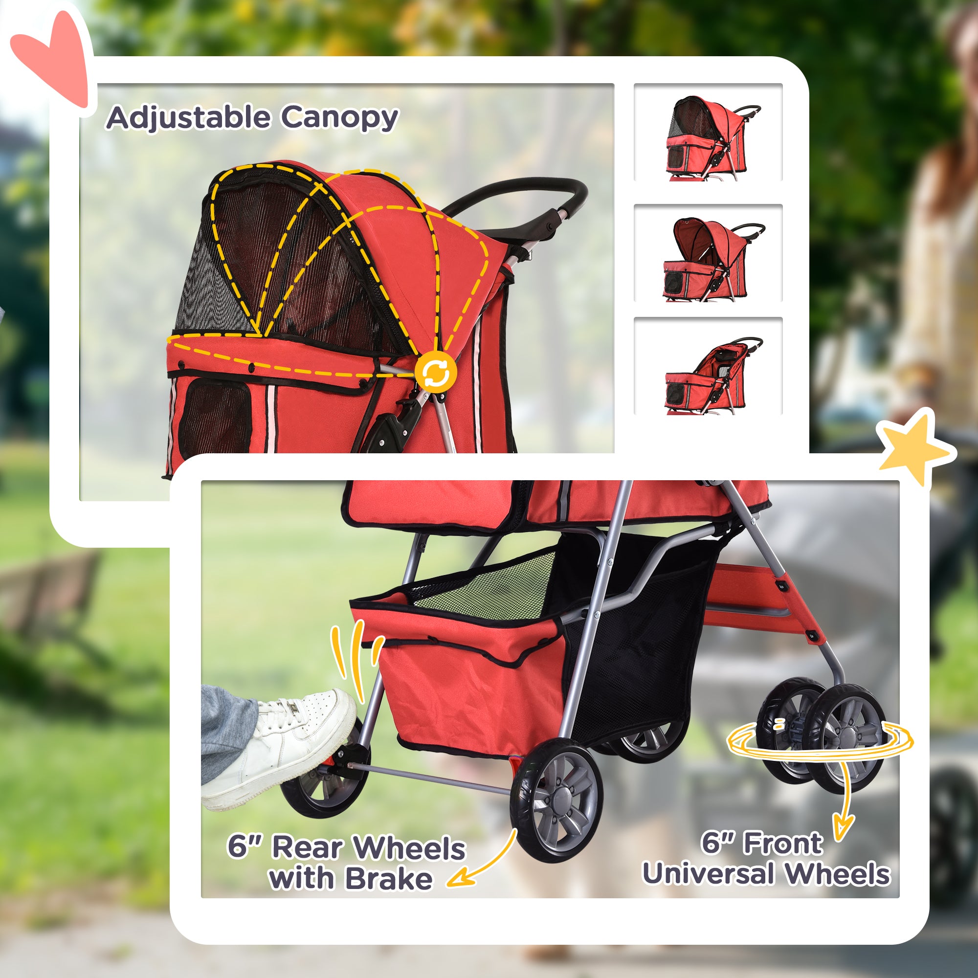 PawHut Pet Stroller, Dog Pram, Foldable Pushchair, Cat Travel Carriage with Wheels, Zipper Entry, for Small Pets, Red