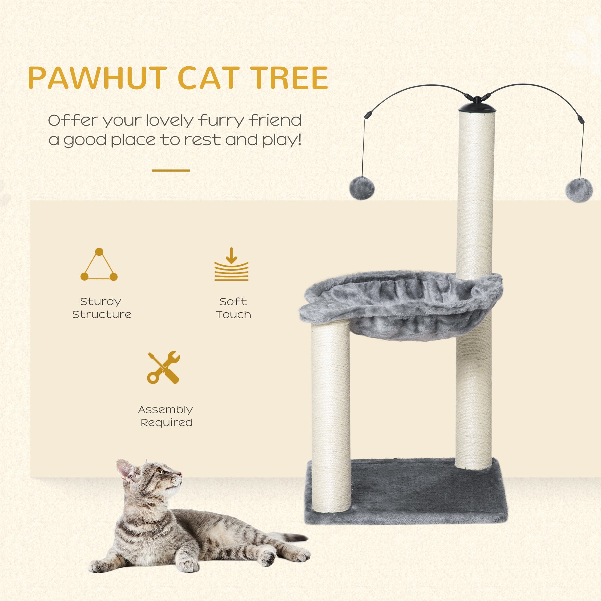 PawHut 83cm Cat Tree Tower for Indoor Cats w/ Sisal Scratching Post Hammock Hanging Toy Activity Centre - Grey