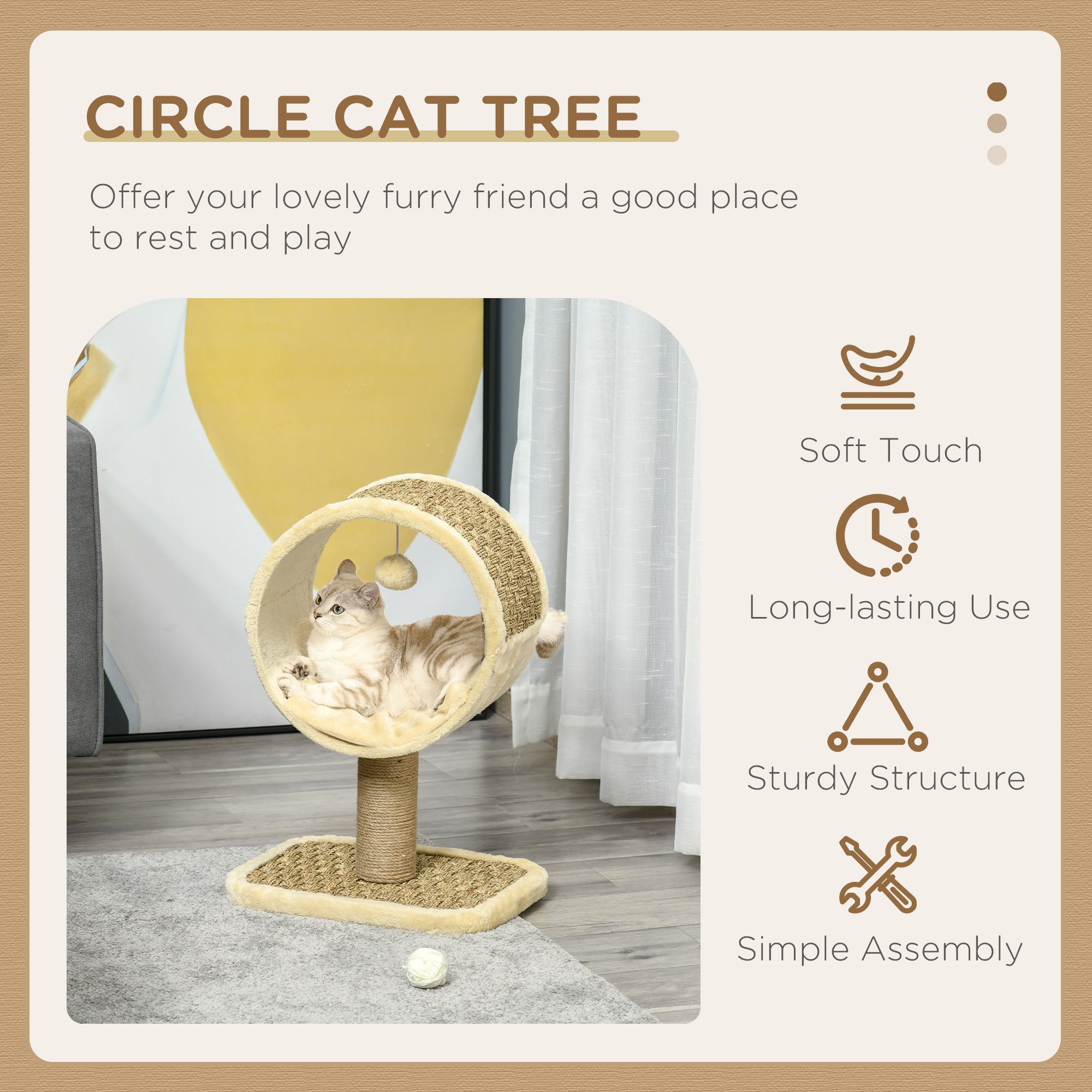 PawHut 56cm Cat Tree for Indoor Cats, with Scratching Post, Tunnel, Toy Ball - Beige - North Peak Garden Furniture
