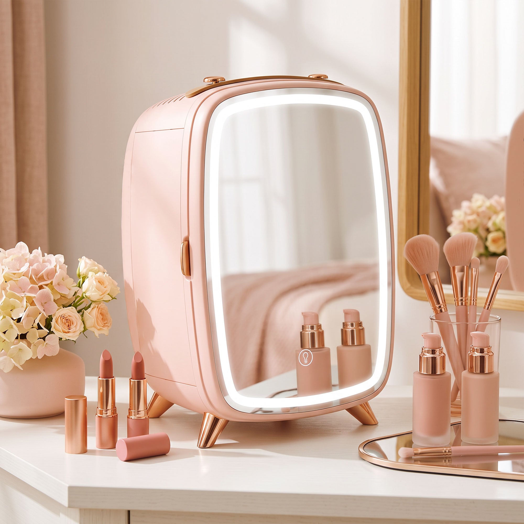 HOMCOM Skincare Refrigerator, 6L Mini Cosmetic Fridge with LED Mirror, Cooling Function for Bedroom, Skincare, Office, Pink