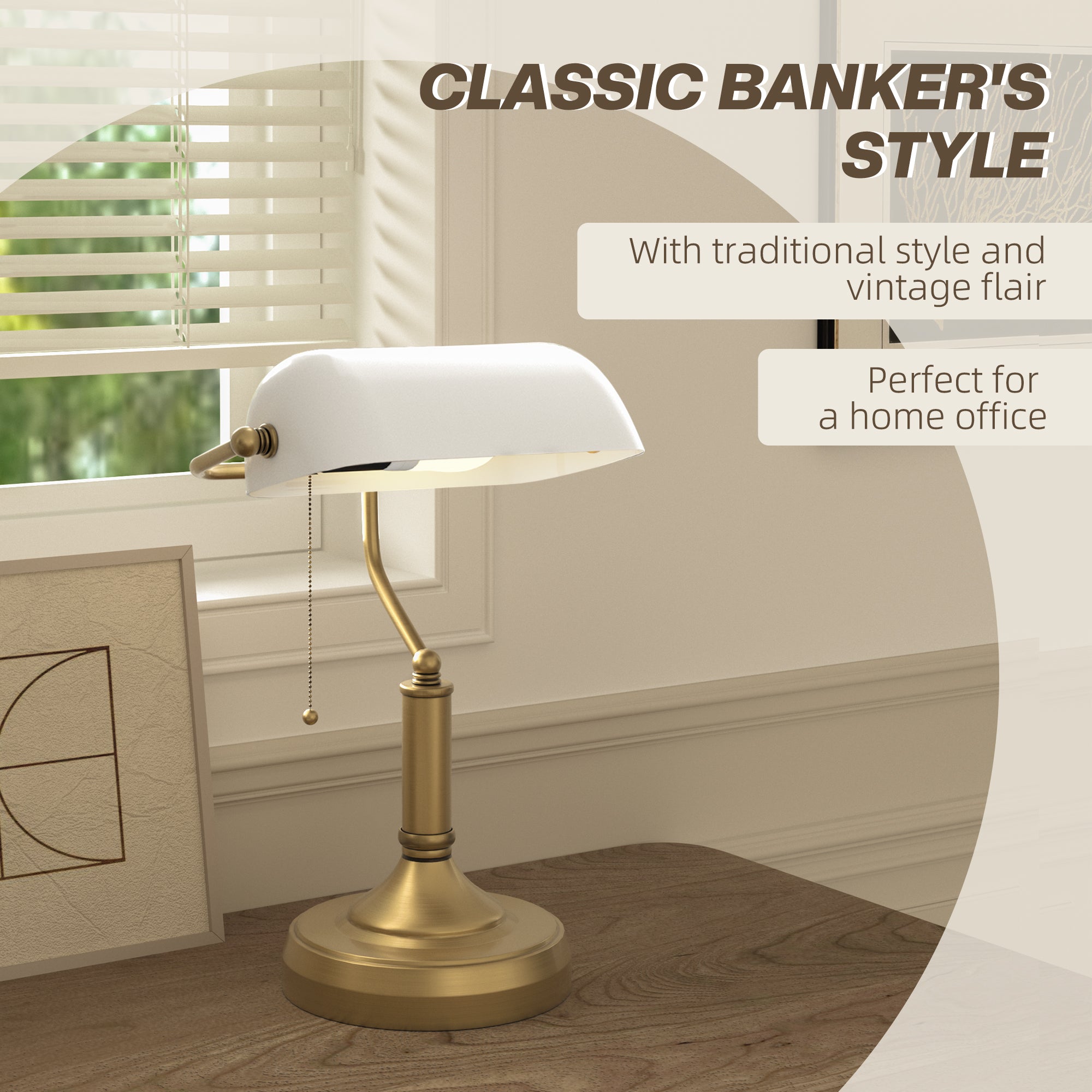 HOMCOM Banker's Desk Lamp with Antique Bronze Tone Base, Table Lamp with White Glass Shade for Home Office, White - North Peak Garden Furniture