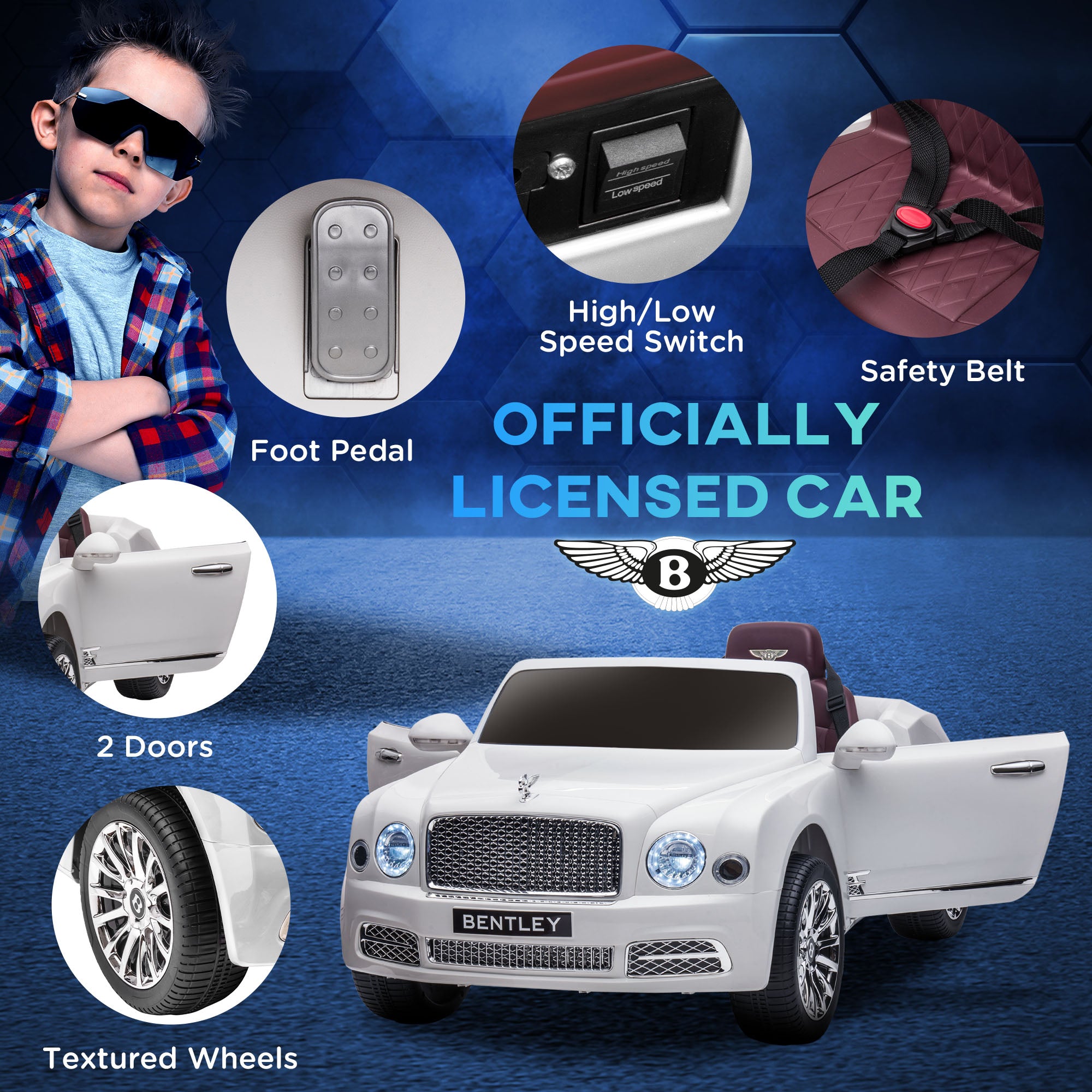 HOMCOM Bentley Mulsanne Licensed Kids Electric Ride-On Car, with Remote Control. LED lights, Music - White - North Peak Garden Furniture