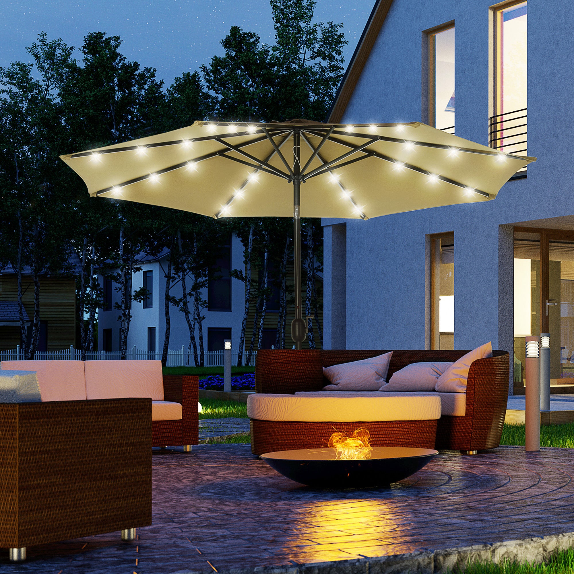 Outsunny 2.7m Patio Garden Umbrella Outdoor Parasol with Tilt Crank and 24 LEDs Lights (Brown) - North Peak Garden Furniture