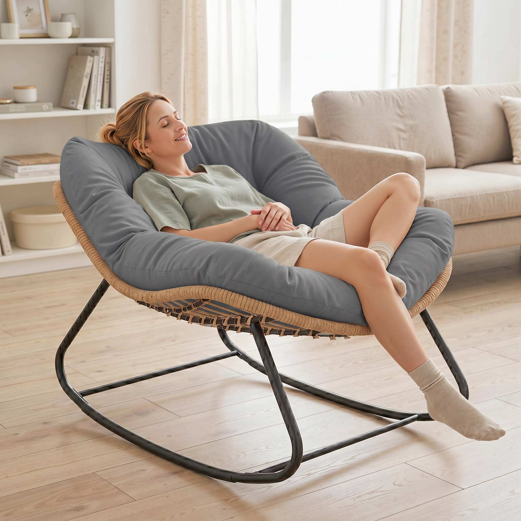 Outsunny Indoor Outdoor Rocking Chair, Oversized Rocking Egg Chair with Cushion for Living Room, Garden, Patio, Grey