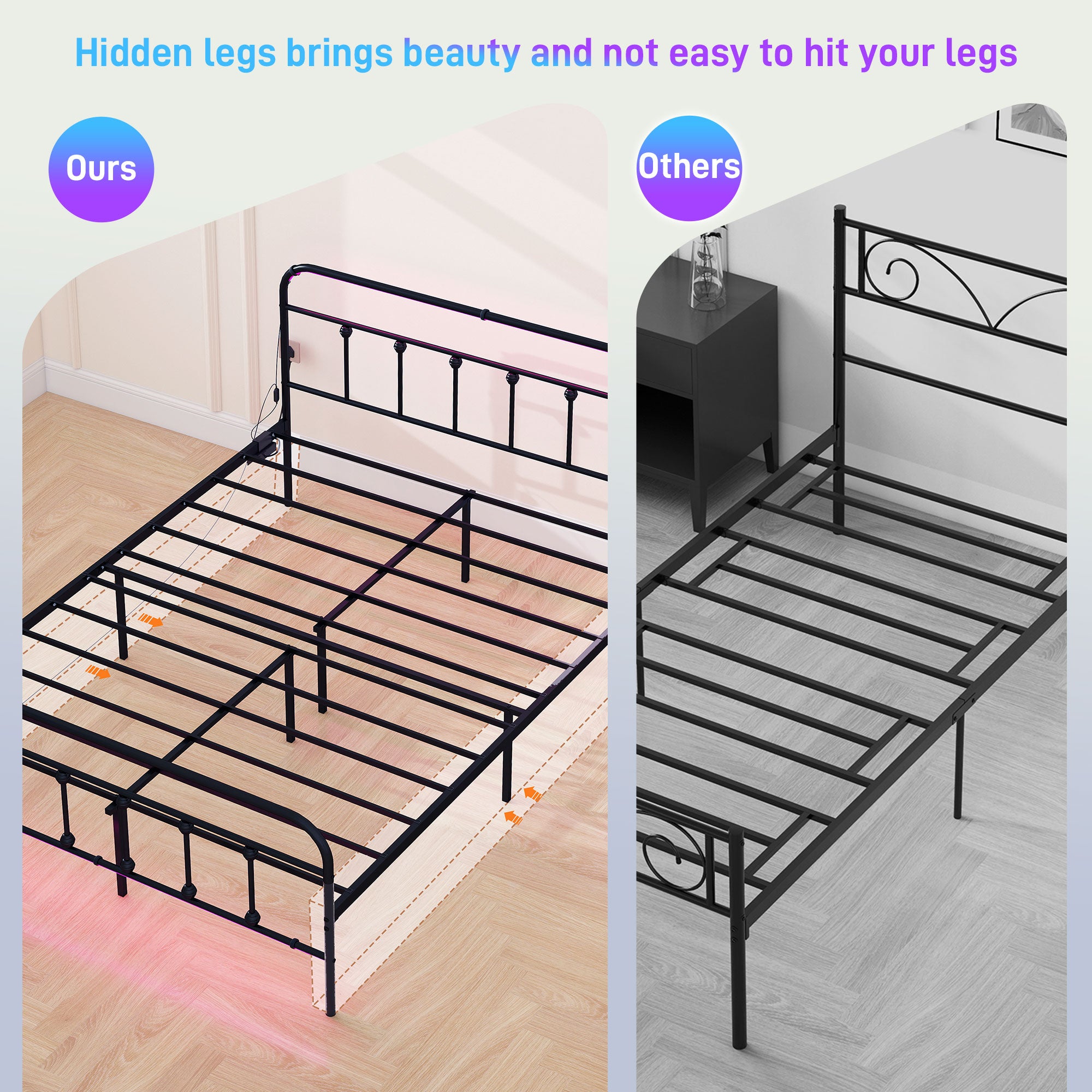 HOMCOM King Bed Frame with LED Lights and Charging Station, Metal Platform Bed Frame with Under Bed Storage, Black - North Peak Garden Furniture
