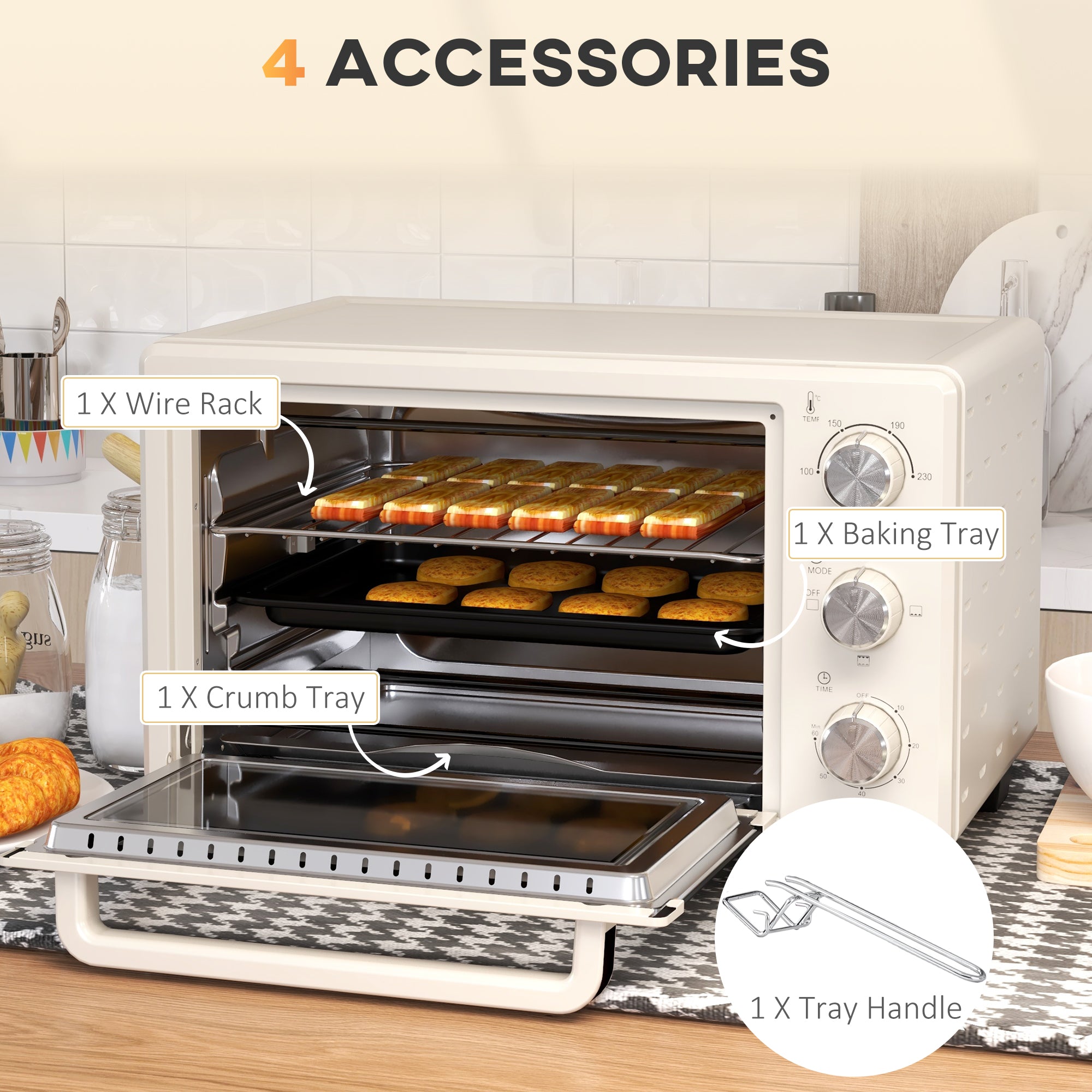 HOMCOM Mini Oven, 21L Countertop Electric Grill, Toaster Oven with Adjustable Temperature, Timer, Baking Tray and Wire Rack, 1400W, Cream - North Peak Garden Furniture