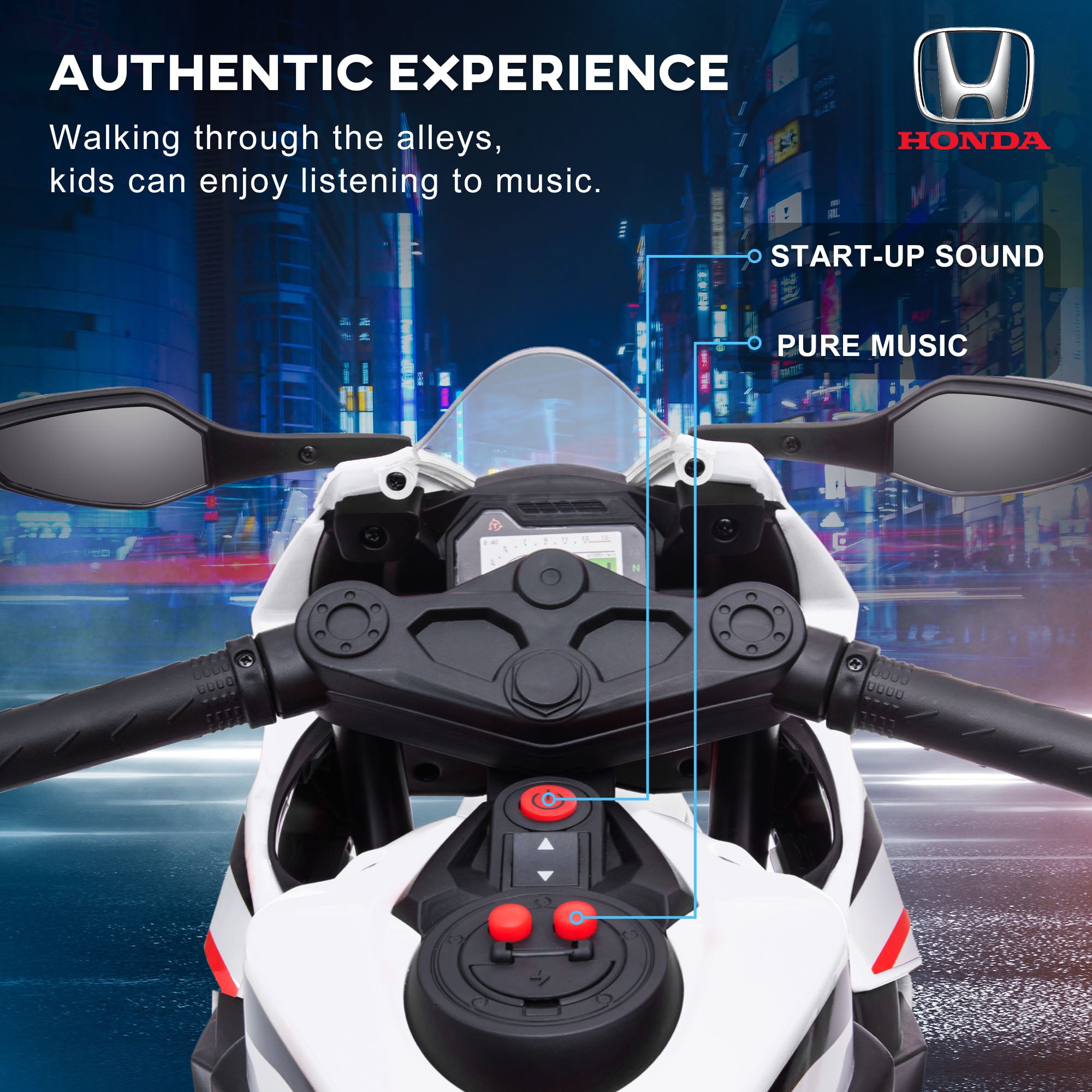 HOMCOM 6V Honda Licensed Kids Motorcycle w/ Music, Training Wheels - White - North Peak Garden Furniture