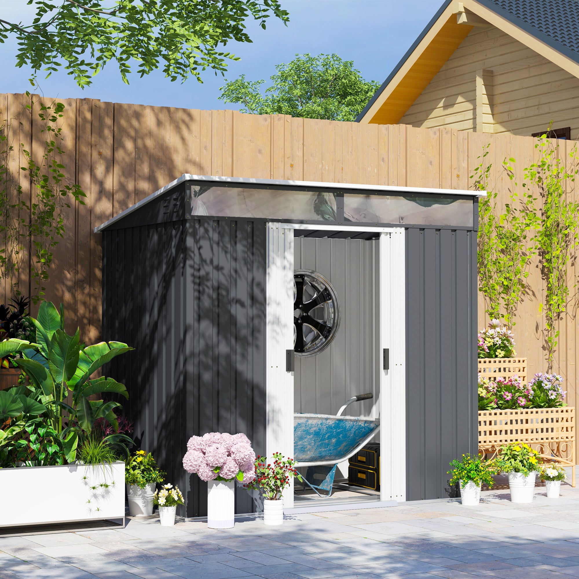 Outsunny 6.5 x 4FT Galvanised Metal Shed with Foundation Kit, Lockable Tool Garden Shed with Double Sliding Doors, Vents, Grey - North Peak Garden Furniture