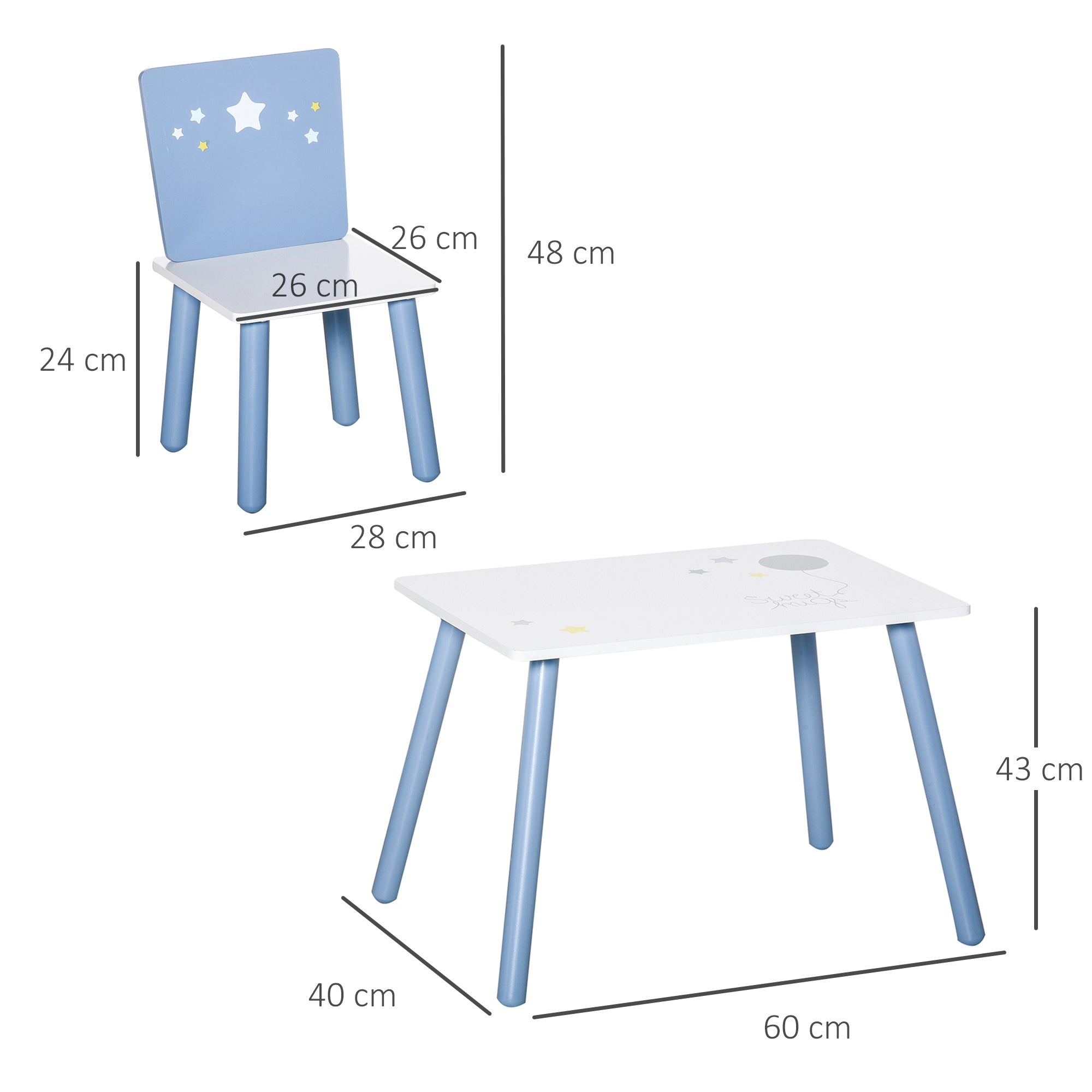 HOMCOM 3 Pcs Kids Table & Chairs Set w/ Wood Legs Safe Corners Cute Stars Seating Mini Furniture Home Playroom Bedroom Dining Room Blue