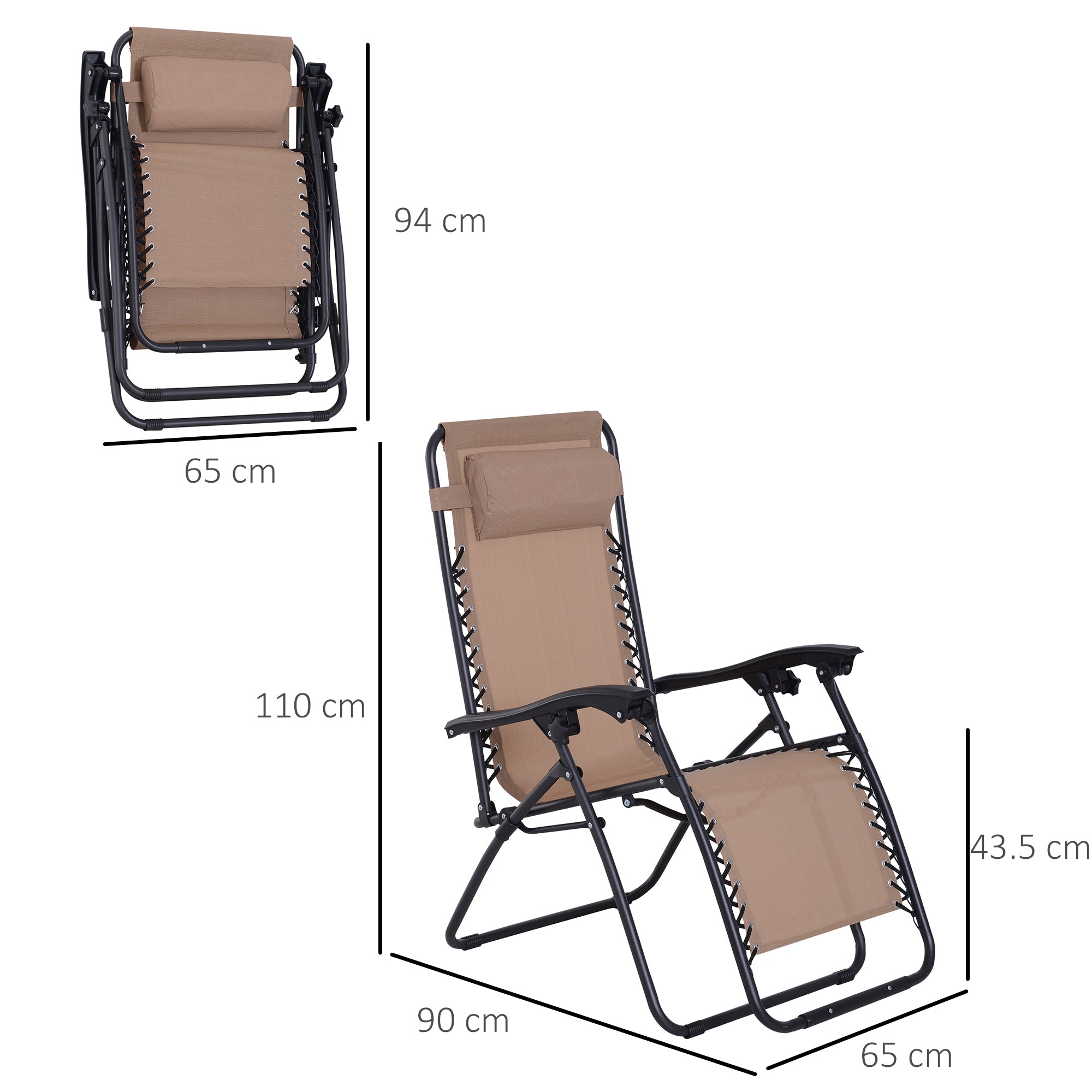 Outsunny Zero Gravity Chair Metal Frame Texteline Armchair Outdoor Folding and Reclining Sun Lounger with Head Pillow for Patio Decking Gardens Camping, Beige - North Peak Garden Furniture