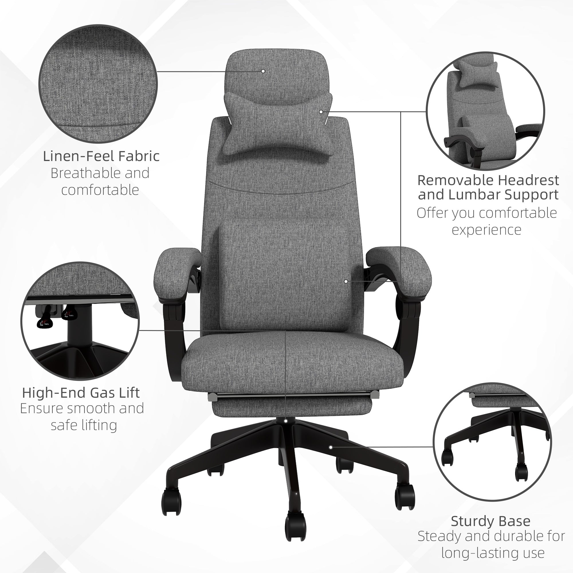 Vinsetto Linen-Look Office Chair, with 160° Reclining Back and Footrest - Grey - North Peak Garden Furniture