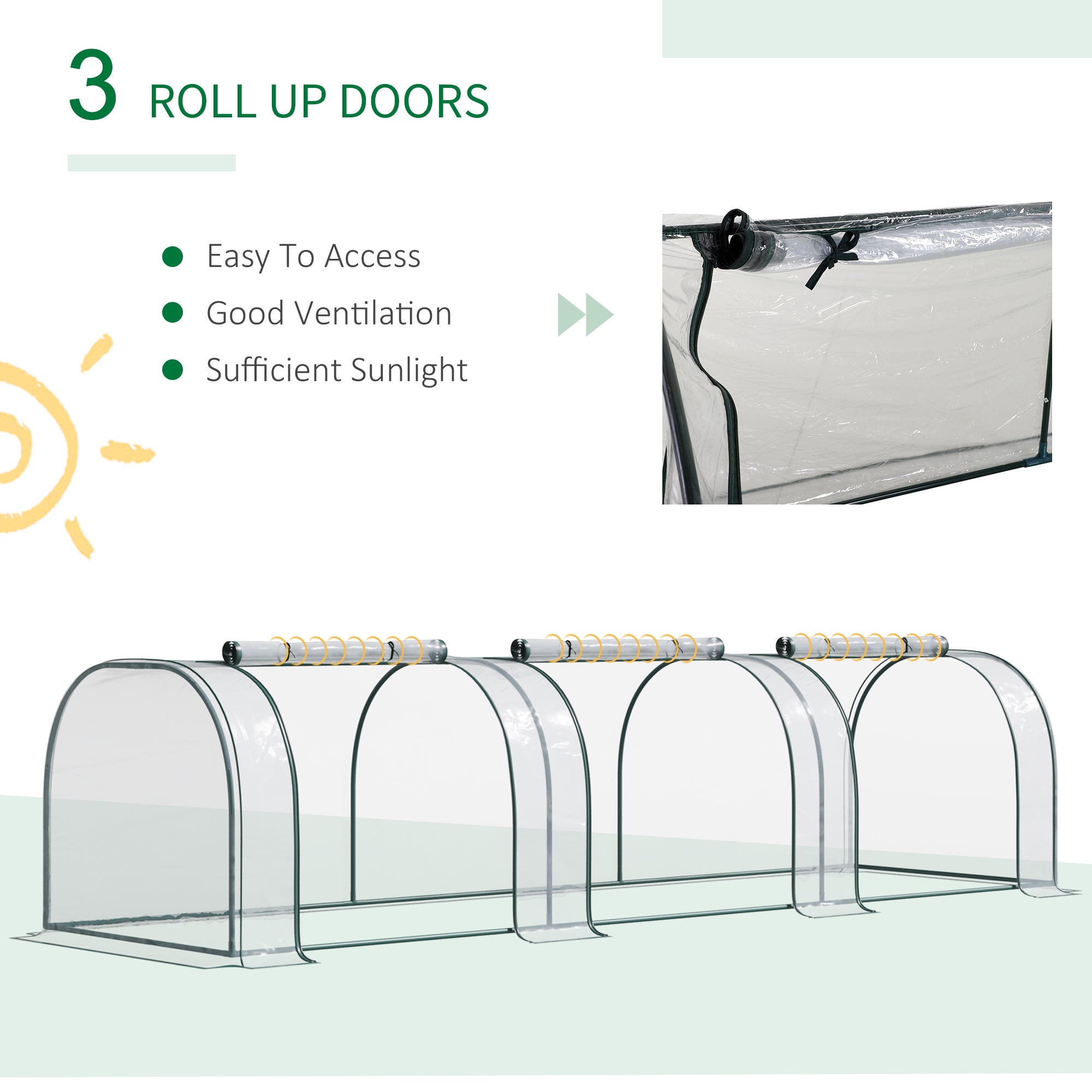 Outsunny Portable Small Greenhouse, Steel Frame with Zipper Doors,PVC Tunnel Greenhouse Plant Grow House, 350Lx100Wx80Hcm-Dark Green/Transparent