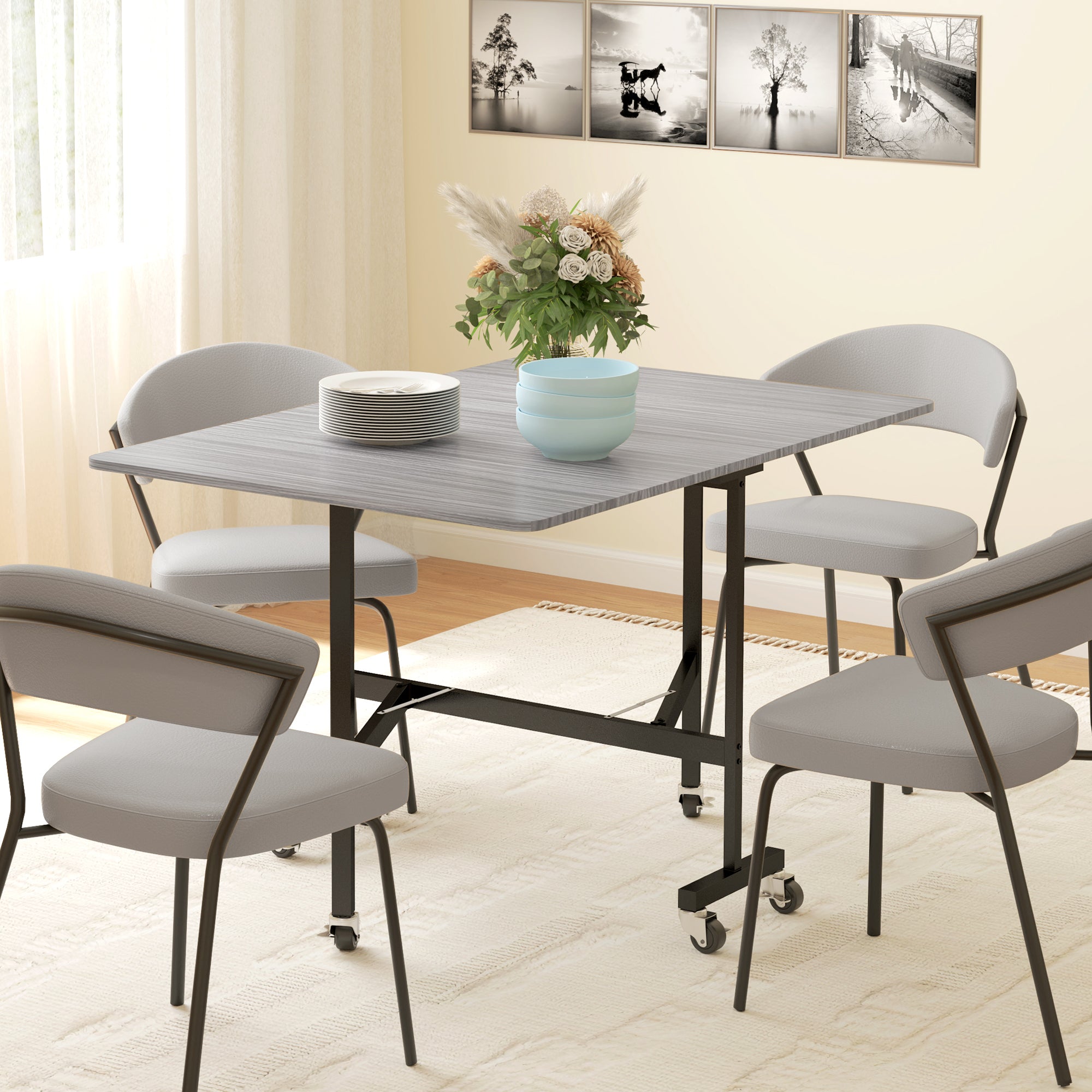 HOMCOM Mobile Drop Leaf Table, Folding Dining Table with 6 Wheels & Brakes, Kitchen Table for Small Spaces, Grey - North Peak Garden Furniture