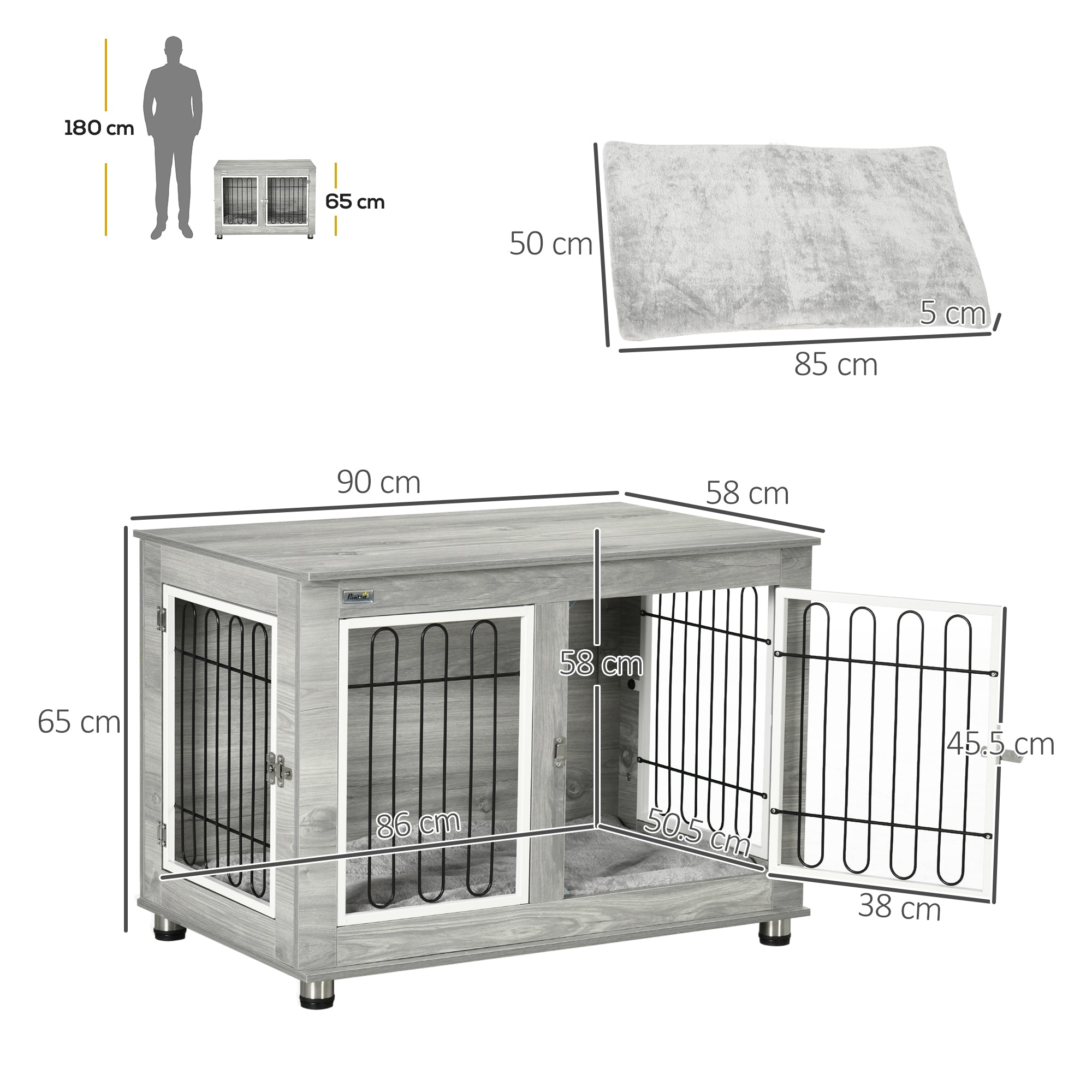 PawHut Dog Crate Furniture, Side End Table, Indoor Dog Kennel with Soft Washable Cushion, Wire Mesh, Large Top, for Medium and Large Dogs,90 x 58 x 65, Grey - North Peak Garden Furniture