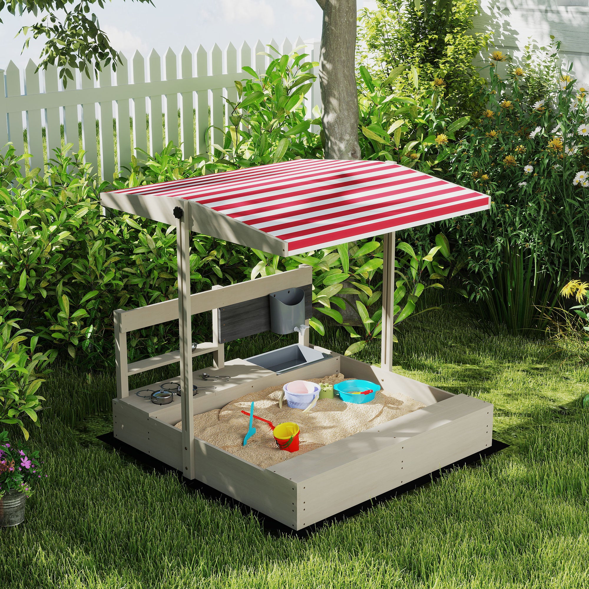 Outsunny Kids Wooden Sandbox w/ Canopy, Kitchen Toys, Seat, Storage, for 3-7 Years Old Outdoor Play
