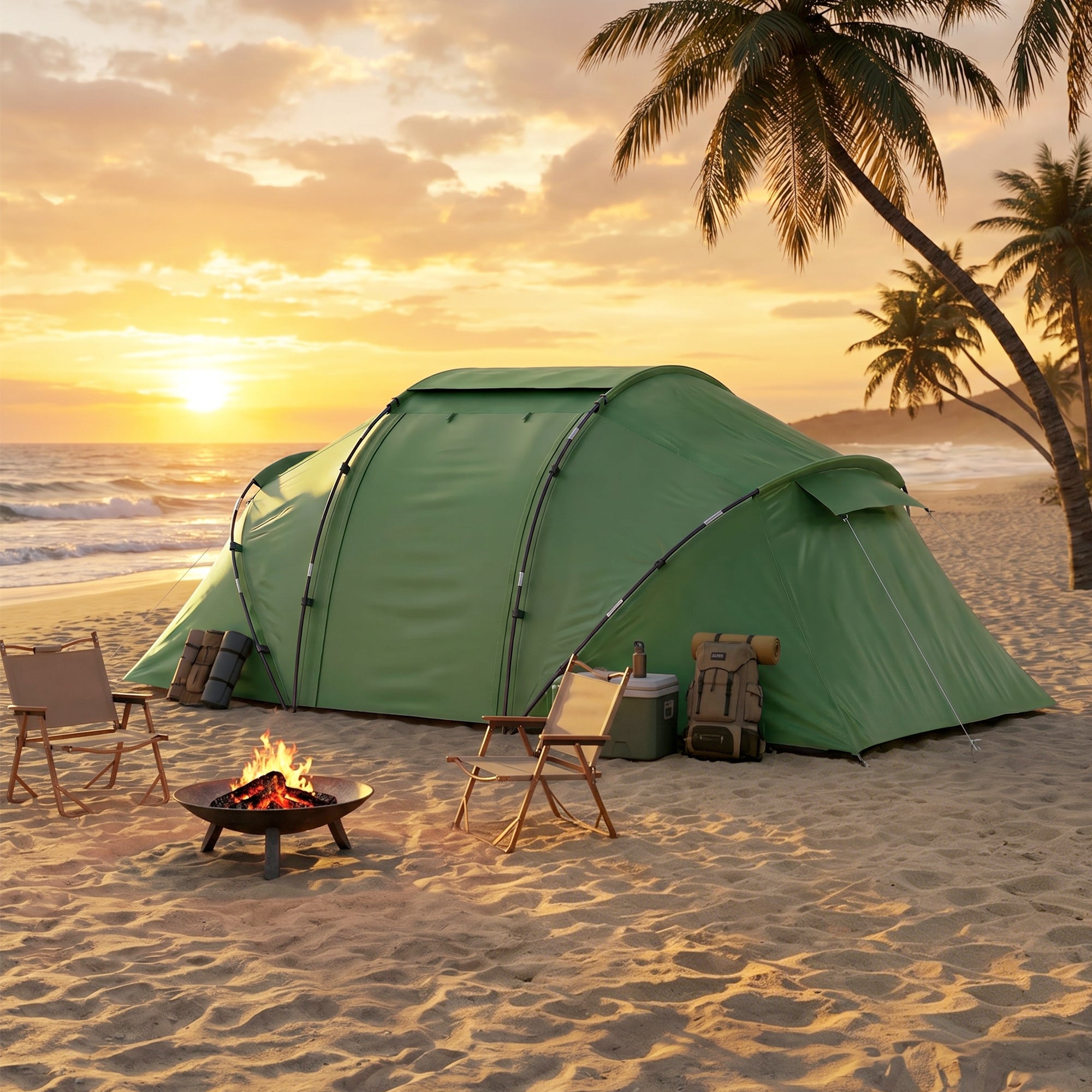 Outsunny 4-6 Man Camping Tent w/ Two Bedroom, Hiking Sun Shelter, UV Protection Tunnel Tent, Dark Green