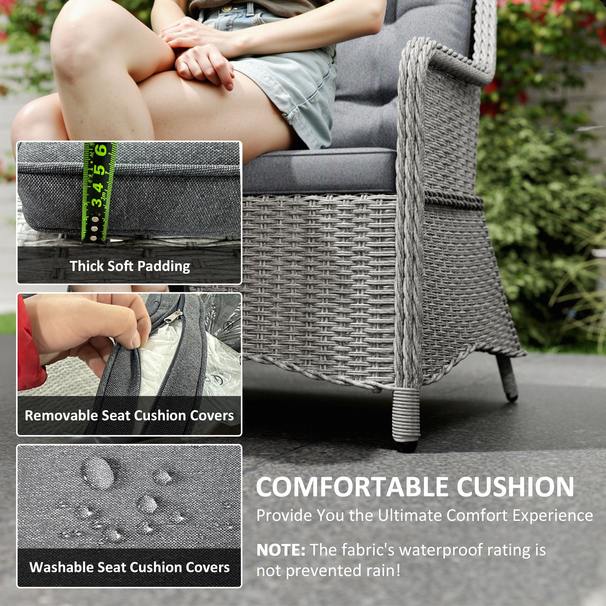Outsunny 6 Seater Rattan Dining Set, Round PE Rattan Garden Furniture Set with Seat and Back Cushions, Aluminium Outdoor Dining Table and Chairs with 6 Armchairs, Rectangular Glass Top Table, Grey - North Peak Garden Furniture