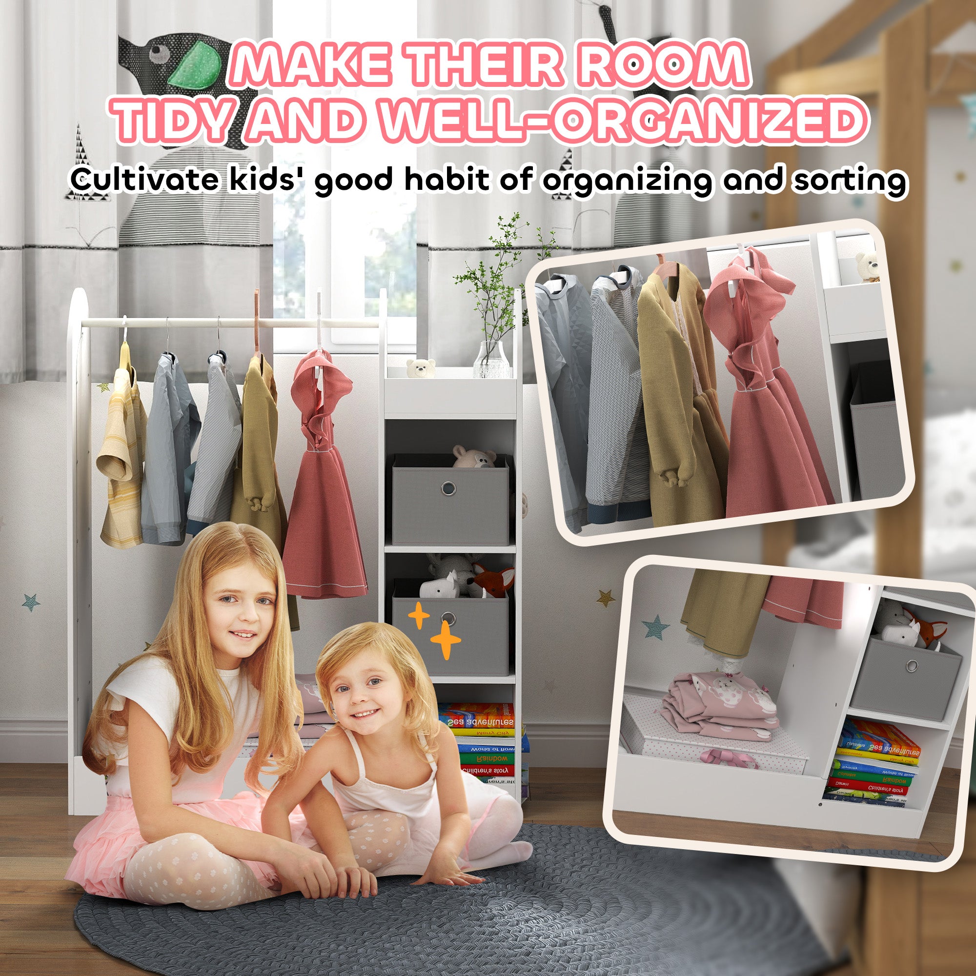 AIYAPLAY Kids Clothes Rail with Storage Shelf, Boxes, Mirror for Bedroom, Nursery, White - North Peak Garden Furniture