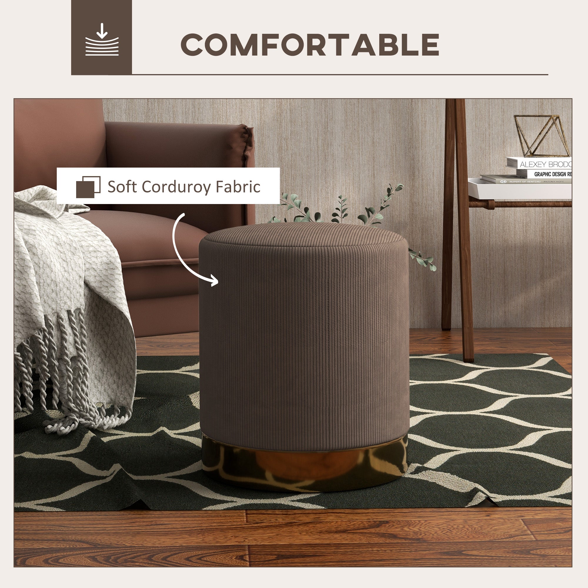 HOMCOM Soft Padded Corduroy Footstool - Light Brown - North Peak Garden Furniture