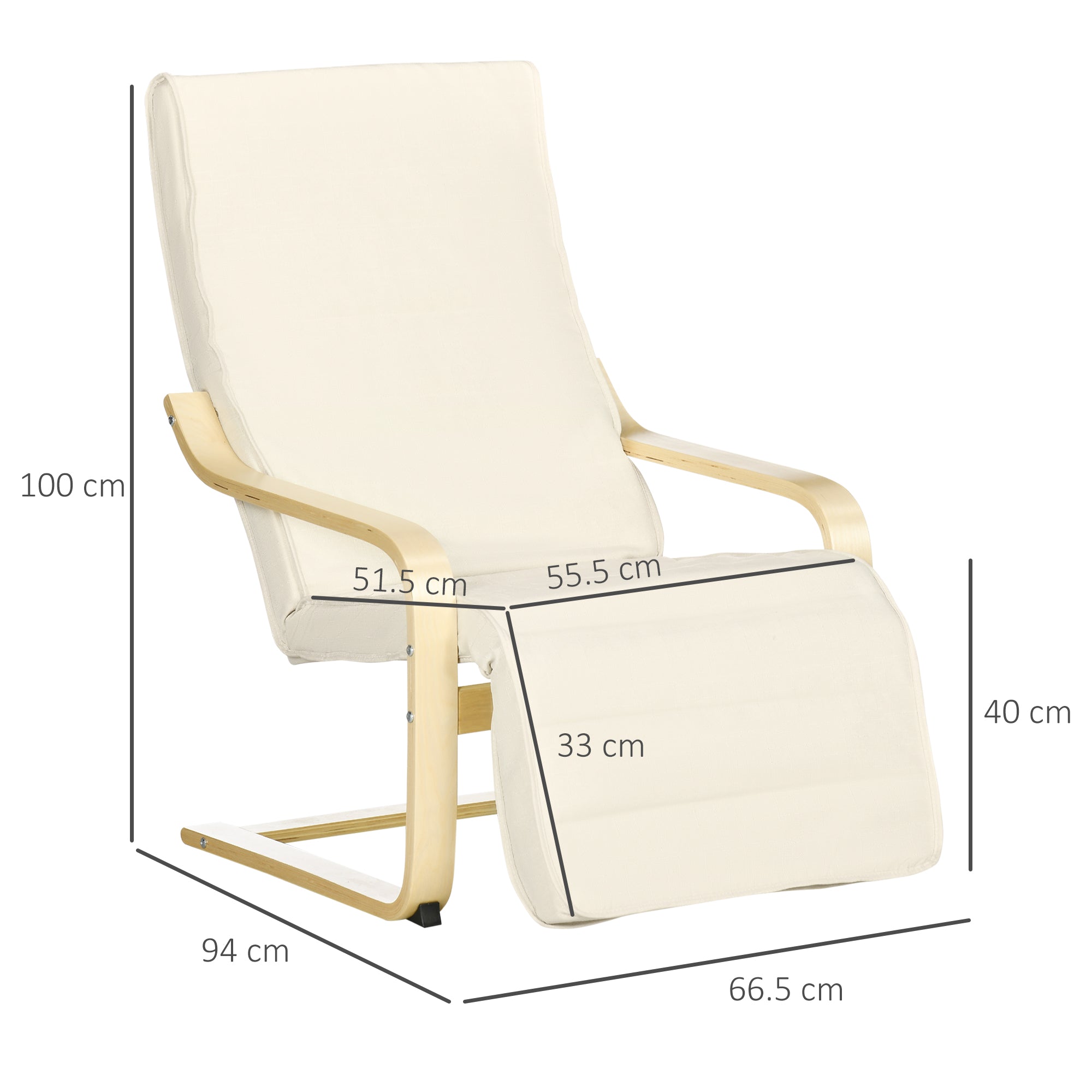 HOMCOM Wooden Lounging Chair Deck Relaxing Recliner Lounge Seat with Adjustable Footrest & Removable Cushion, Cream White - North Peak Garden Furniture