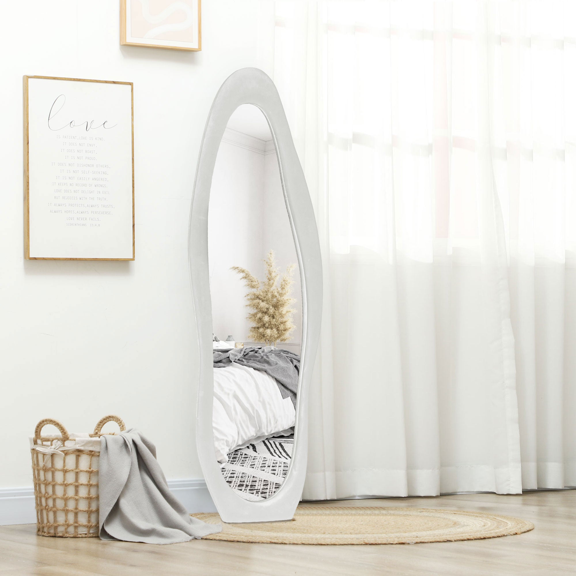 HOMCOM Wavy Velvet-Feel Full Length Mirror - White - North Peak Garden Furniture