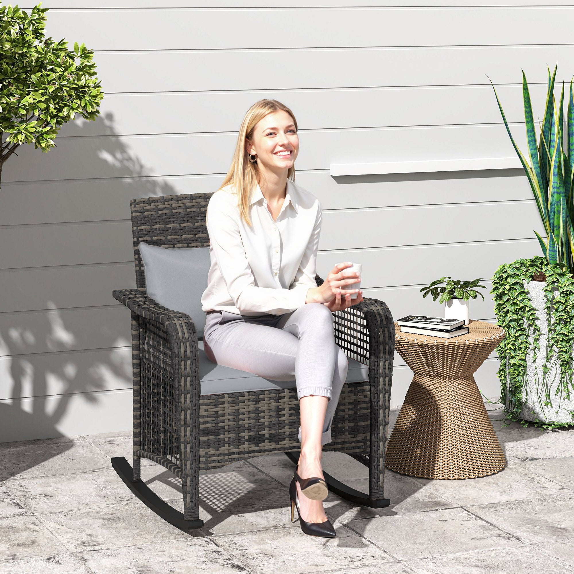 Outsunny Garden Rocking Chair, Outdoor Rattan Rocker Lounge Chair with Seat and Back Cushions, Patio Armchair Seat with All-weather Wicker, Steel Frame for Porch Balcony, Light Grey - North Peak Garden Furniture