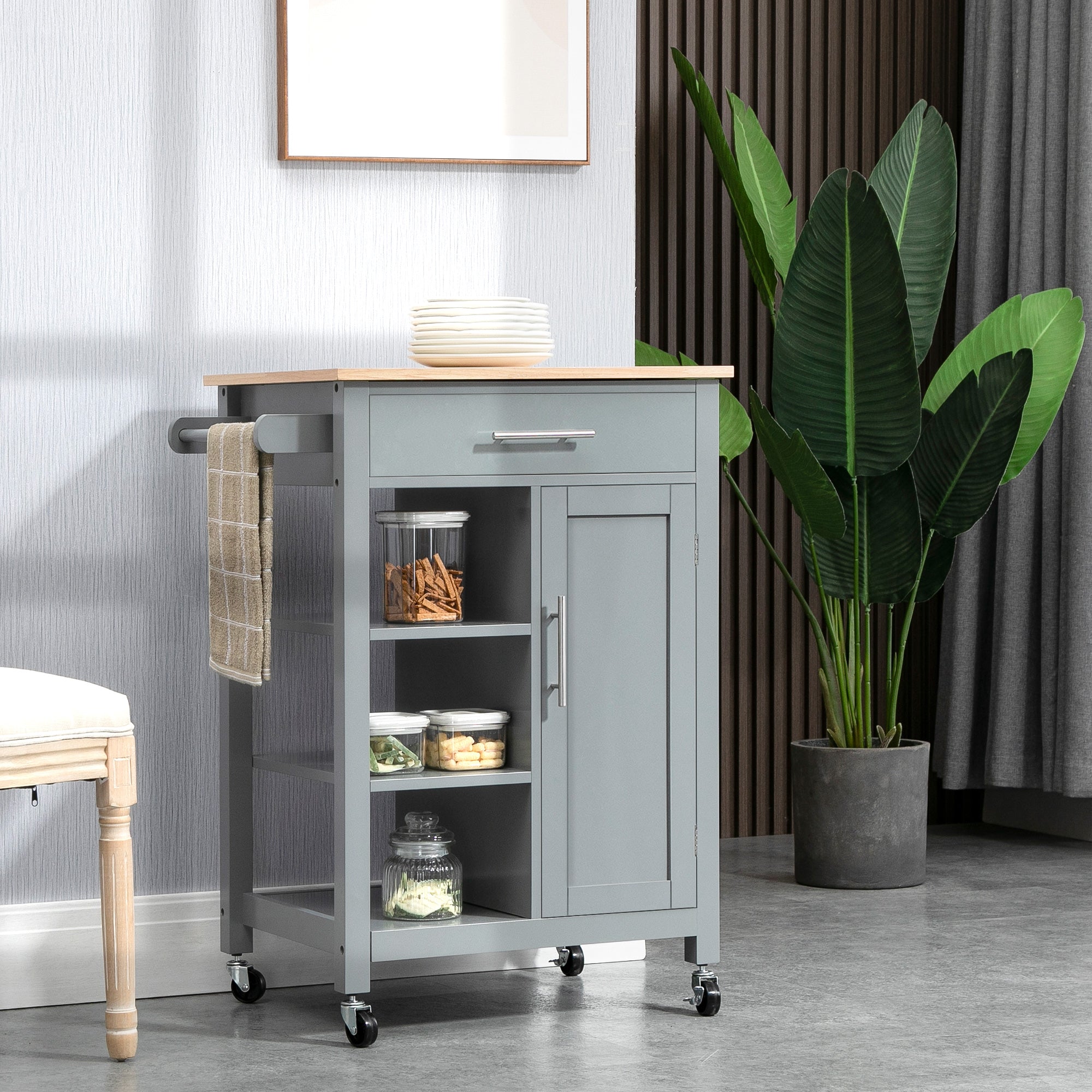 HOMCOM Compact Kitchen Trolley Utility Cart on Wheels with Open Shelf & Storage Drawer for Dining Room, Kitchen, Grey - North Peak Garden Furniture