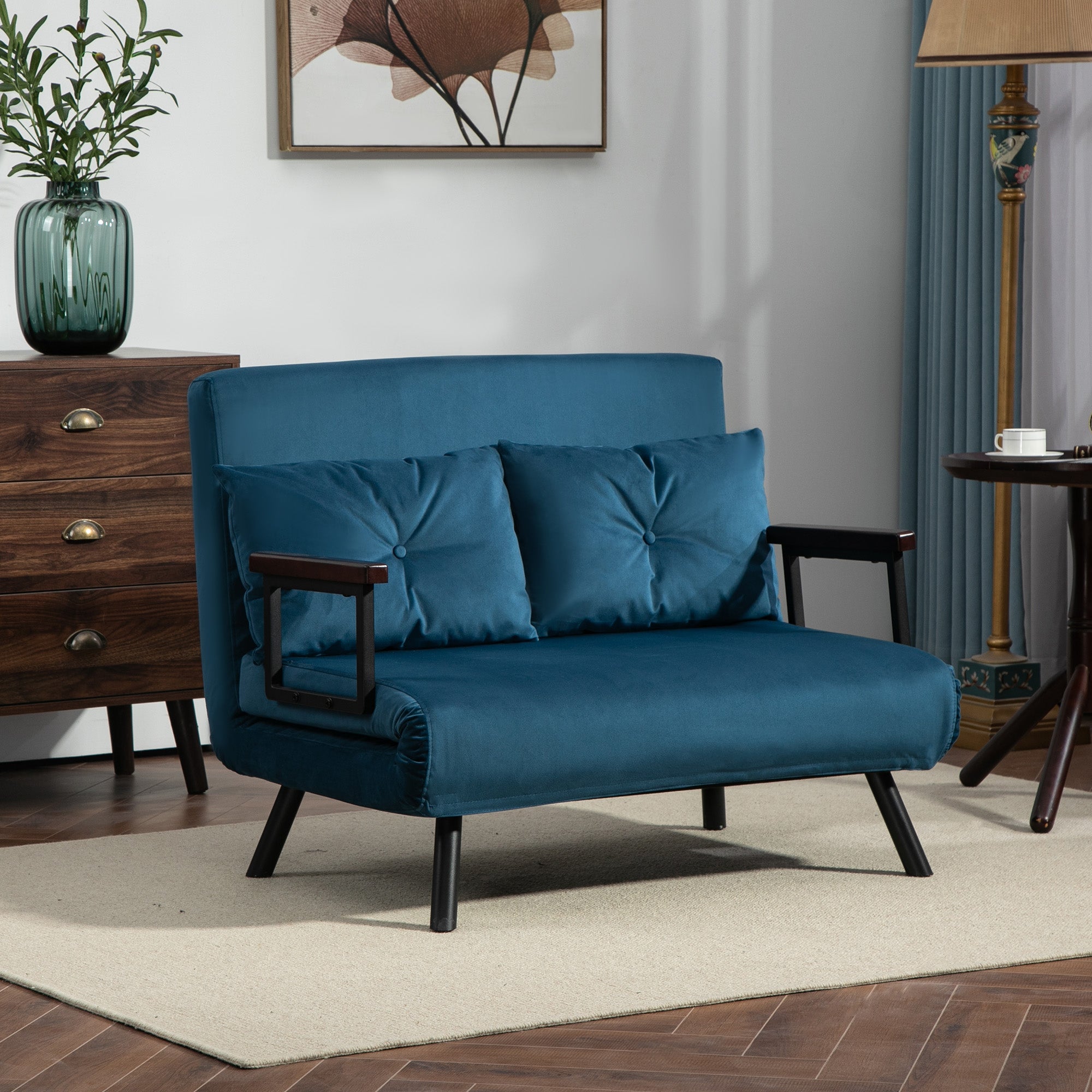 HOMCOM 4-in-1 Velvet-Feel Double Sofa Bed, with Pillows - Blue - North Peak Garden Furniture