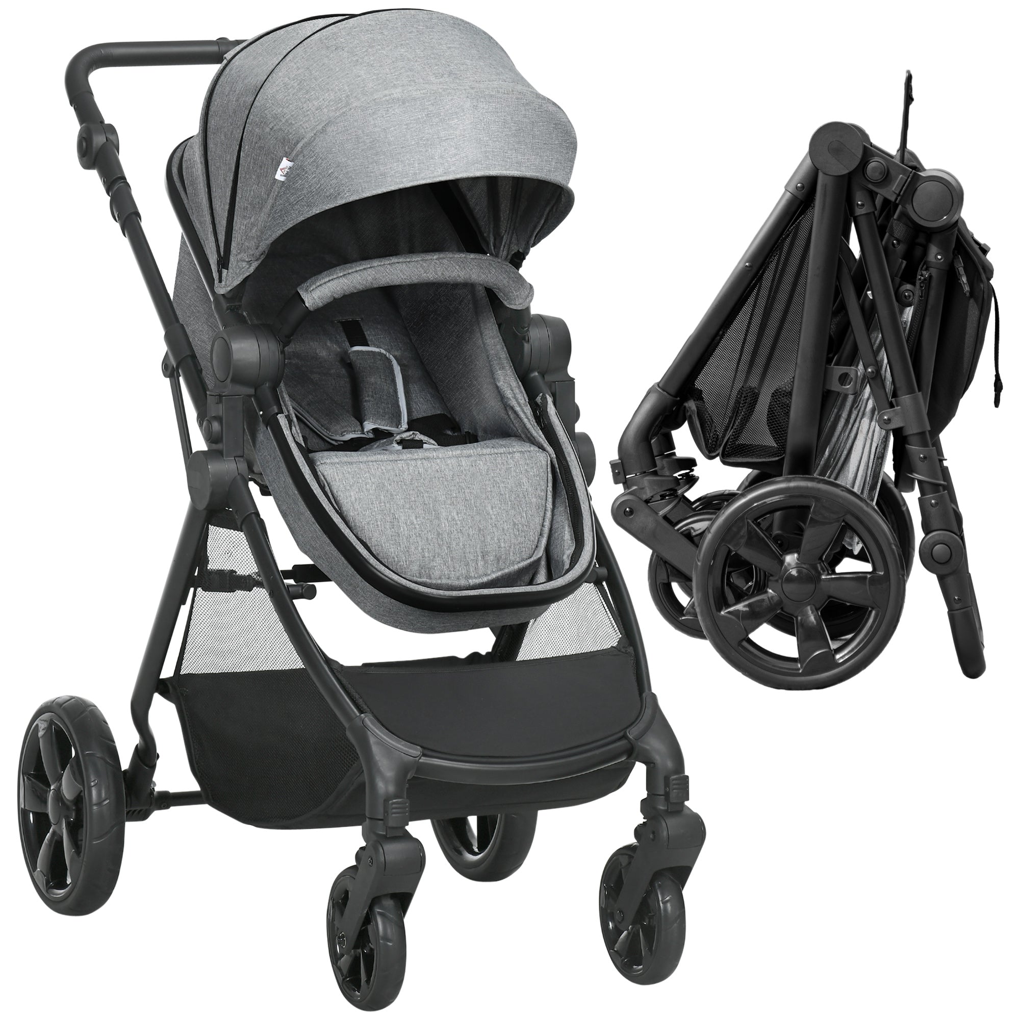 HOMCOM Foldable Baby Stoller, with Reclining Backrest, Adjustable Canopy, for Ages 0-36 Months - Grey - North Peak Garden Furniture