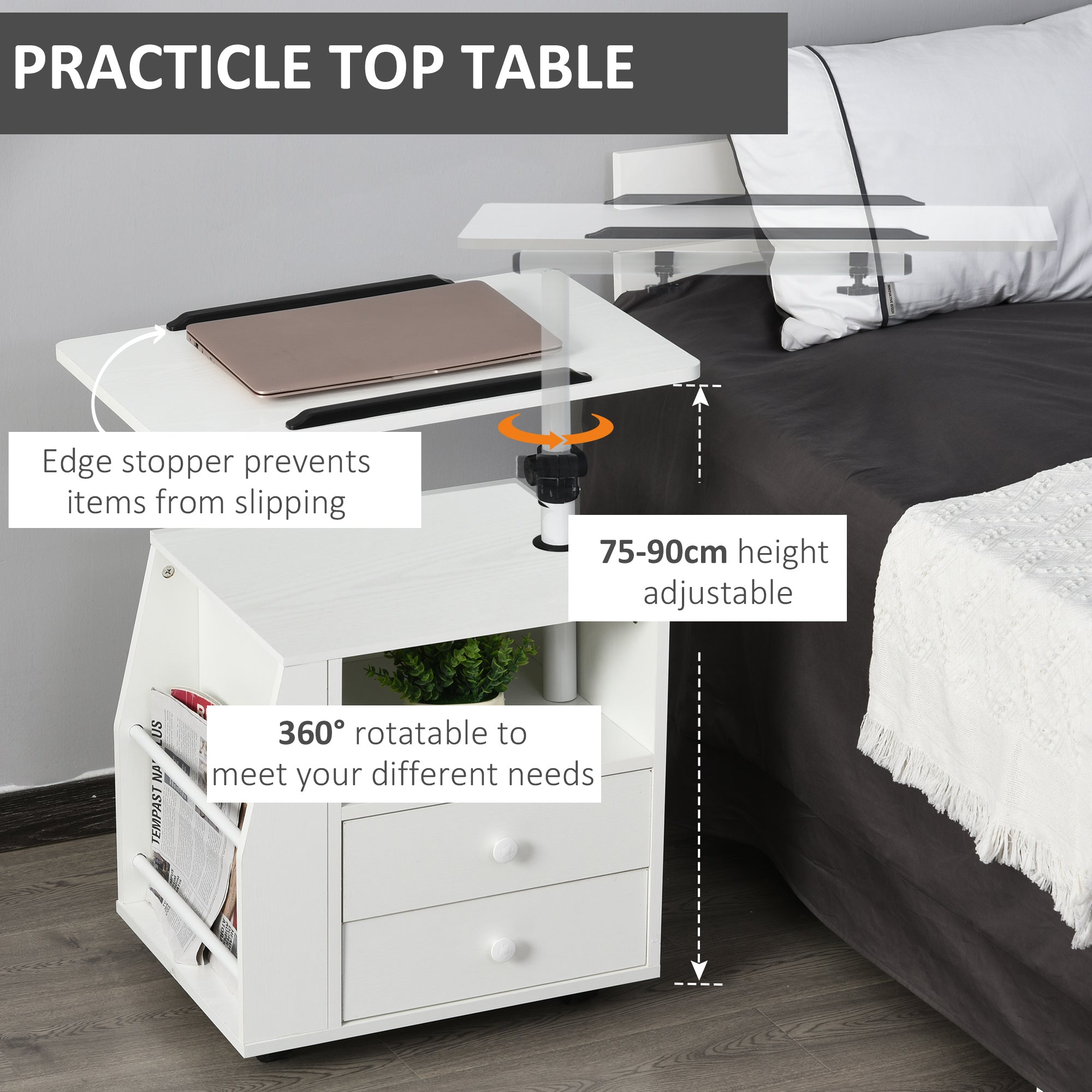 HOMCOM Functional Swivel Bedside Table End Table Side Table for Living Room Nightstand for Bedroom - North Peak Garden Furniture