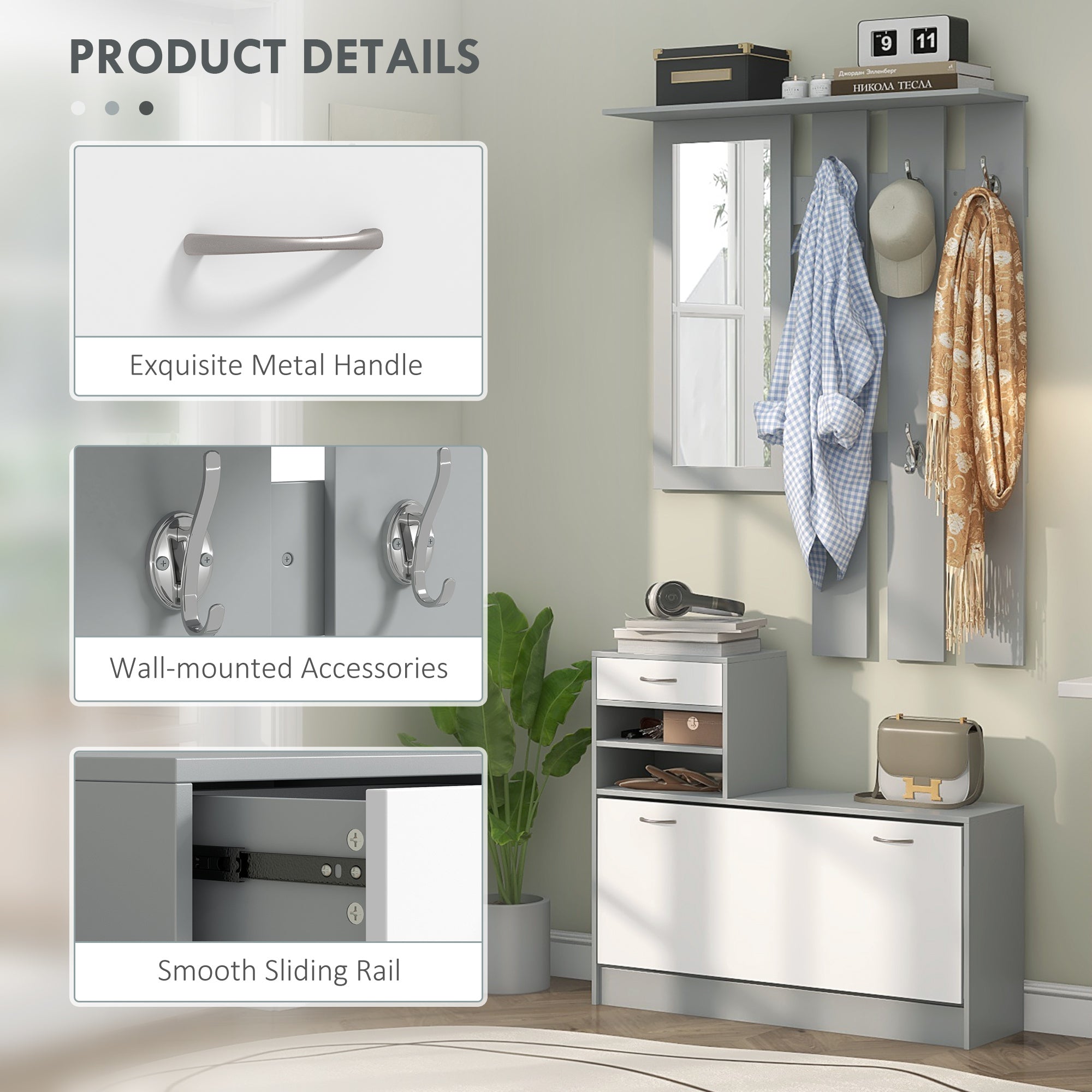 HOMCOM Three-in-One Hallway Storage Set - Grey/White - North Peak Garden Furniture