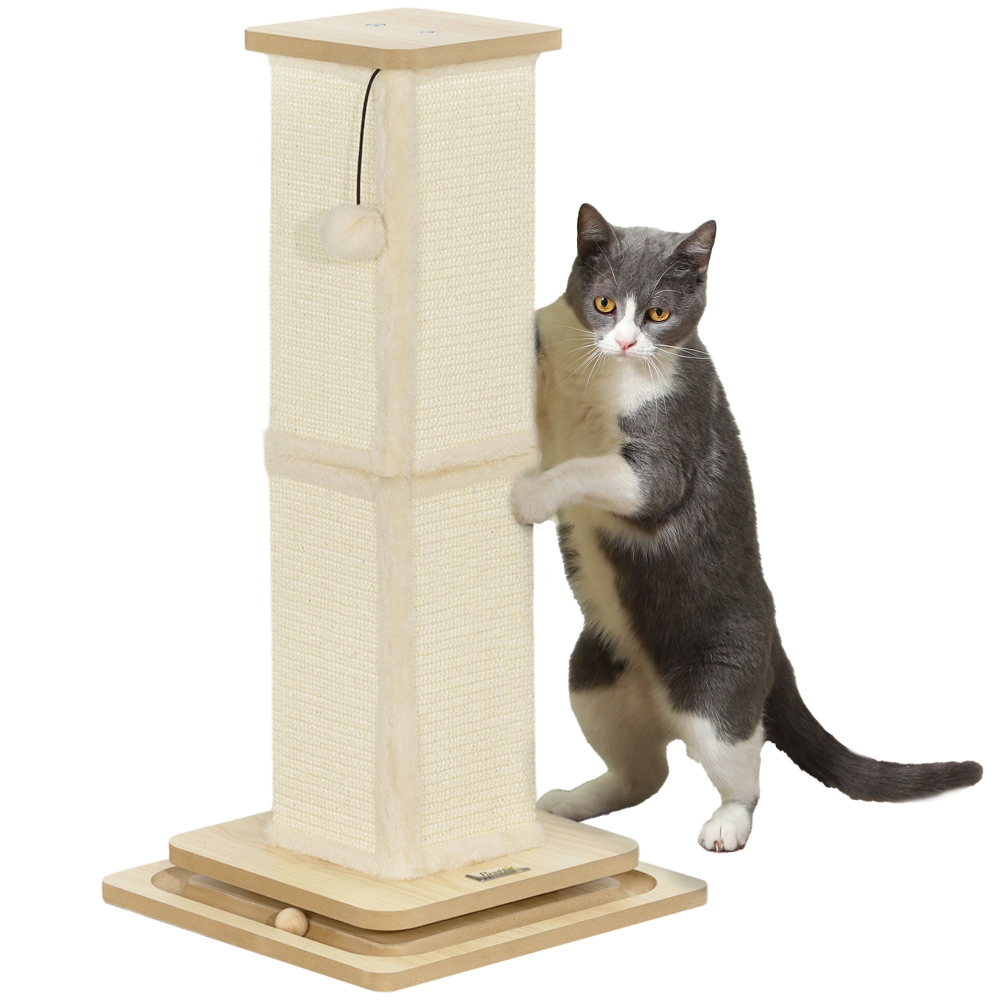 PawHut 3-in-1 Cat Scratching Post, 67cm Cat Scratcher w/ Track Ball Toy, Oak Tone - North Peak Garden Furniture