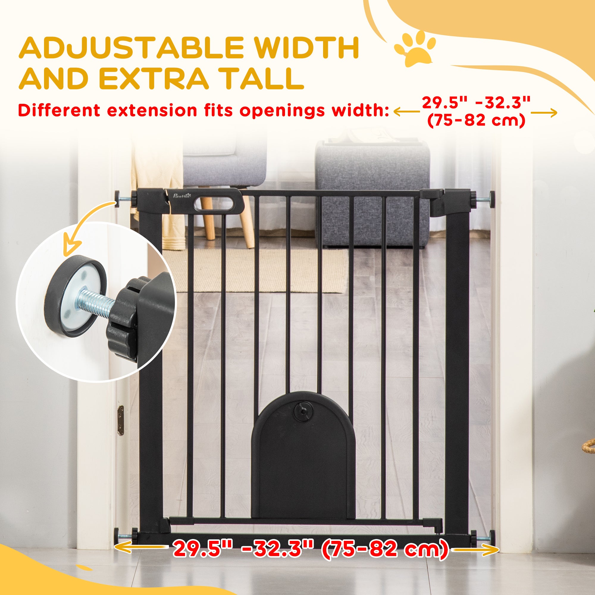 PawHut Dog Gate with Cat Flap Pet Safety Gate Barrier, Stair Pressure Fit, Auto Close, Double Locking, for Doorways, Hallways, 75-82 cm Black - North Peak Garden Furniture