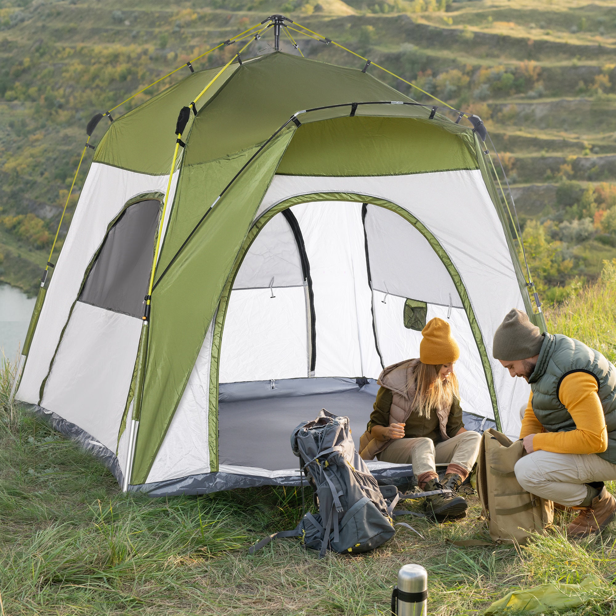 Outsunny 4 Person Automatic Camping Tent, Outdoor Pop Up Tent, Portable Backpacking Dome Shelter, Green - North Peak Garden Furniture