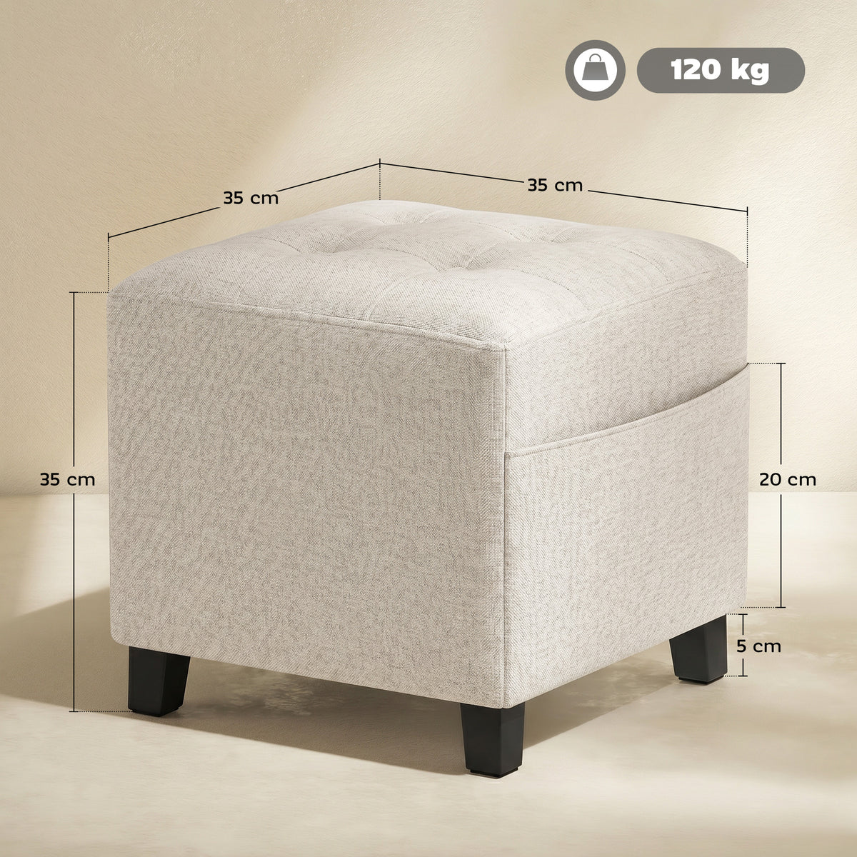 HOMCOM Small Ottoman, Square Footstool with Side Pocket, Rubber Wood Legs and Padded Seat for Living Room, Beige