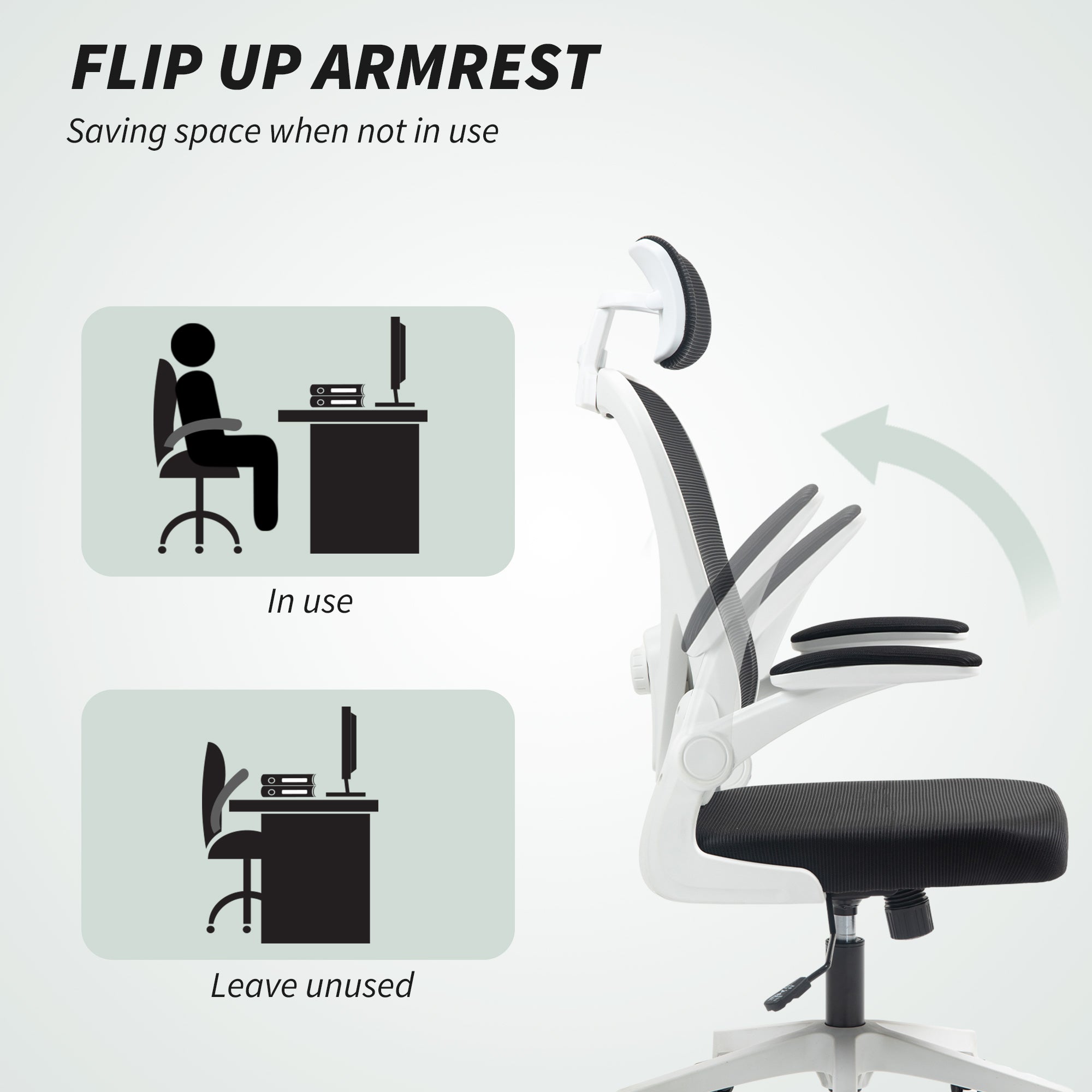 HOMCOM Executive Office Chair, Ergonomic Mesh High Back Desk Chair with Flip-up Armrest, Rotatable Headrest, Adjustable Lumbar Support, Swivel Computer Chair for Home Study, Black - North Peak Garden Furniture