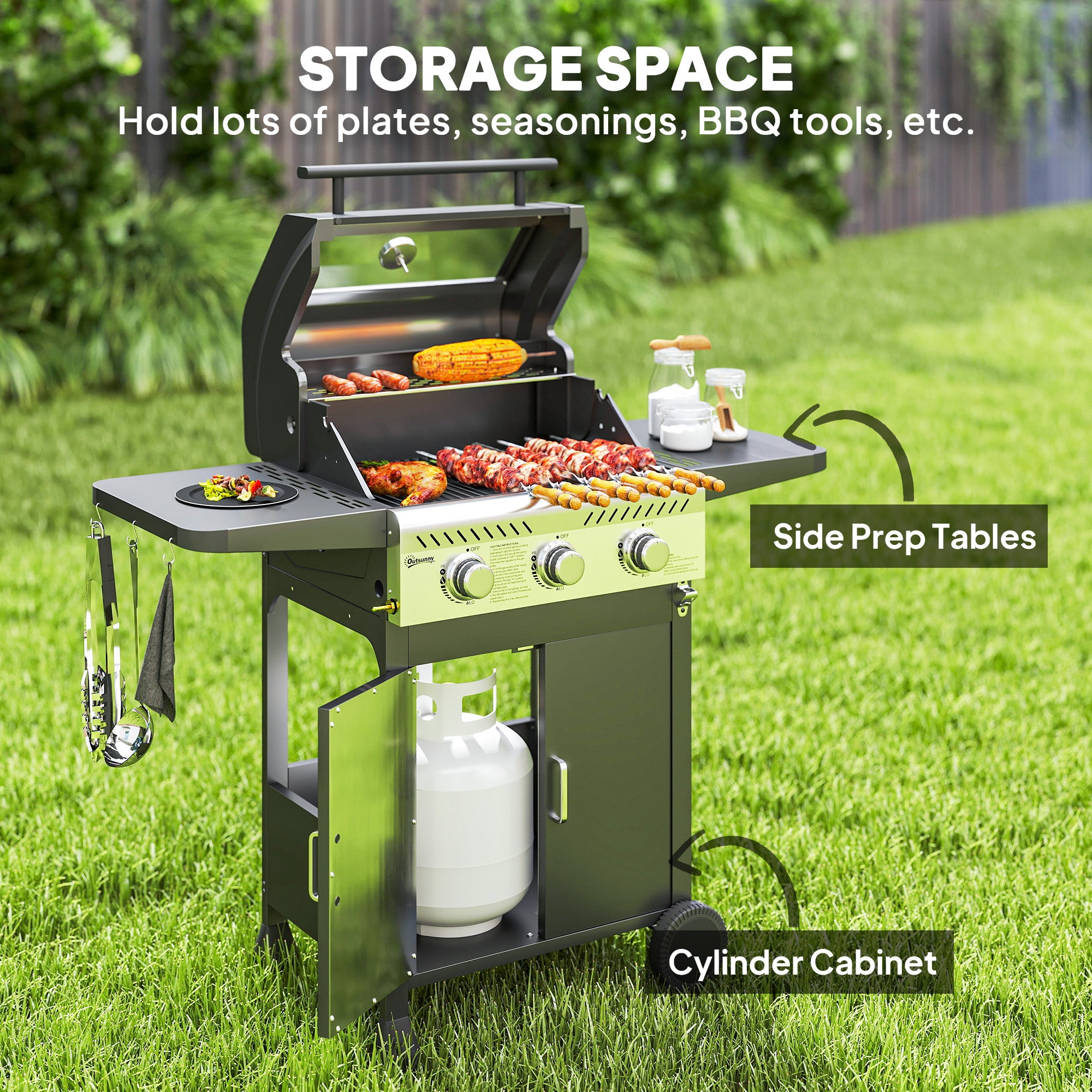 Outsunny 7.5kW Three-Burner Gas BBQ Grill, with See-Through Lid - Black - North Peak Garden Furniture