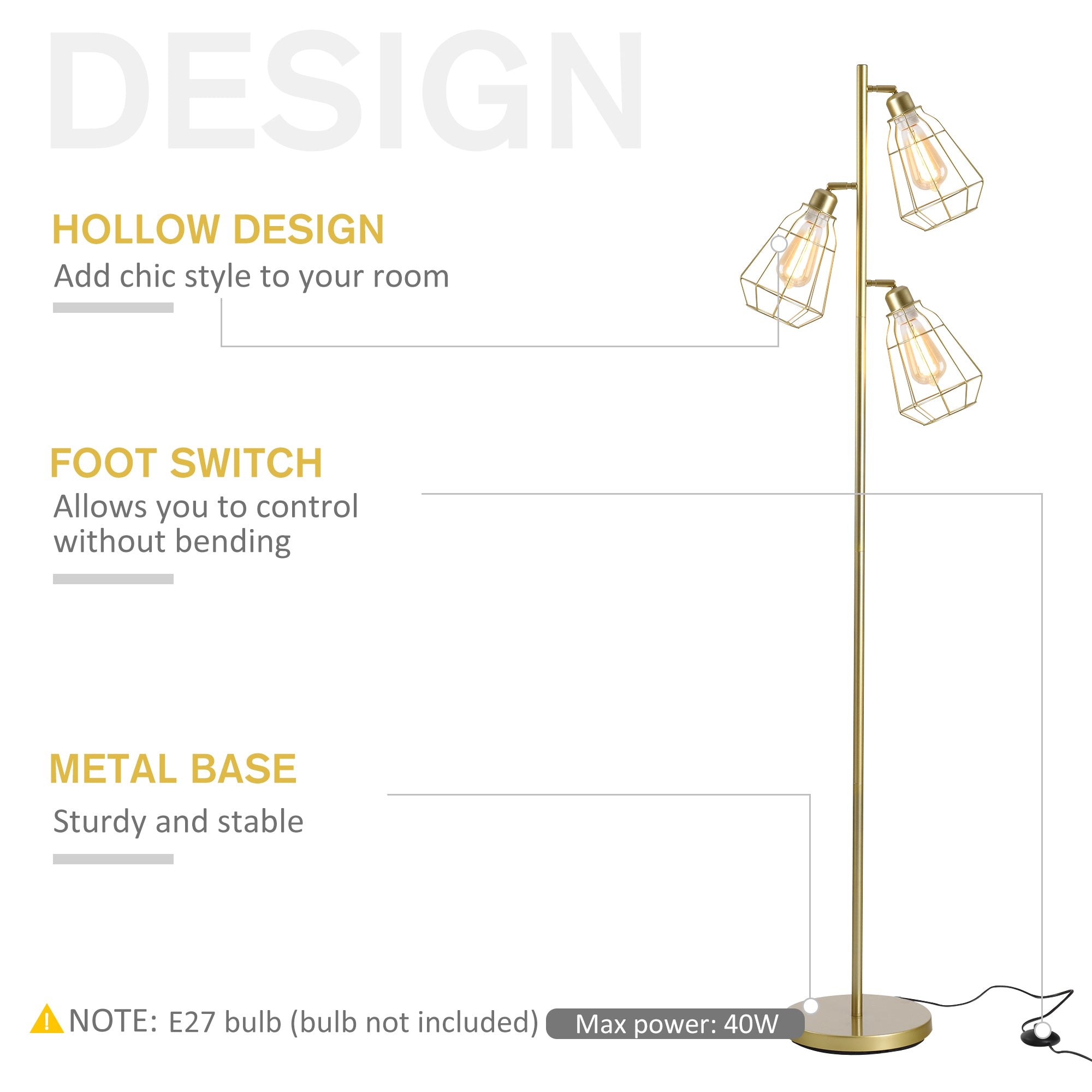 HOMCOM Retro Practical Tree Floor Lamp 3 Angle Adjustable Lampshade Steel Base for Living Room Bedroom Office Gold 165cm