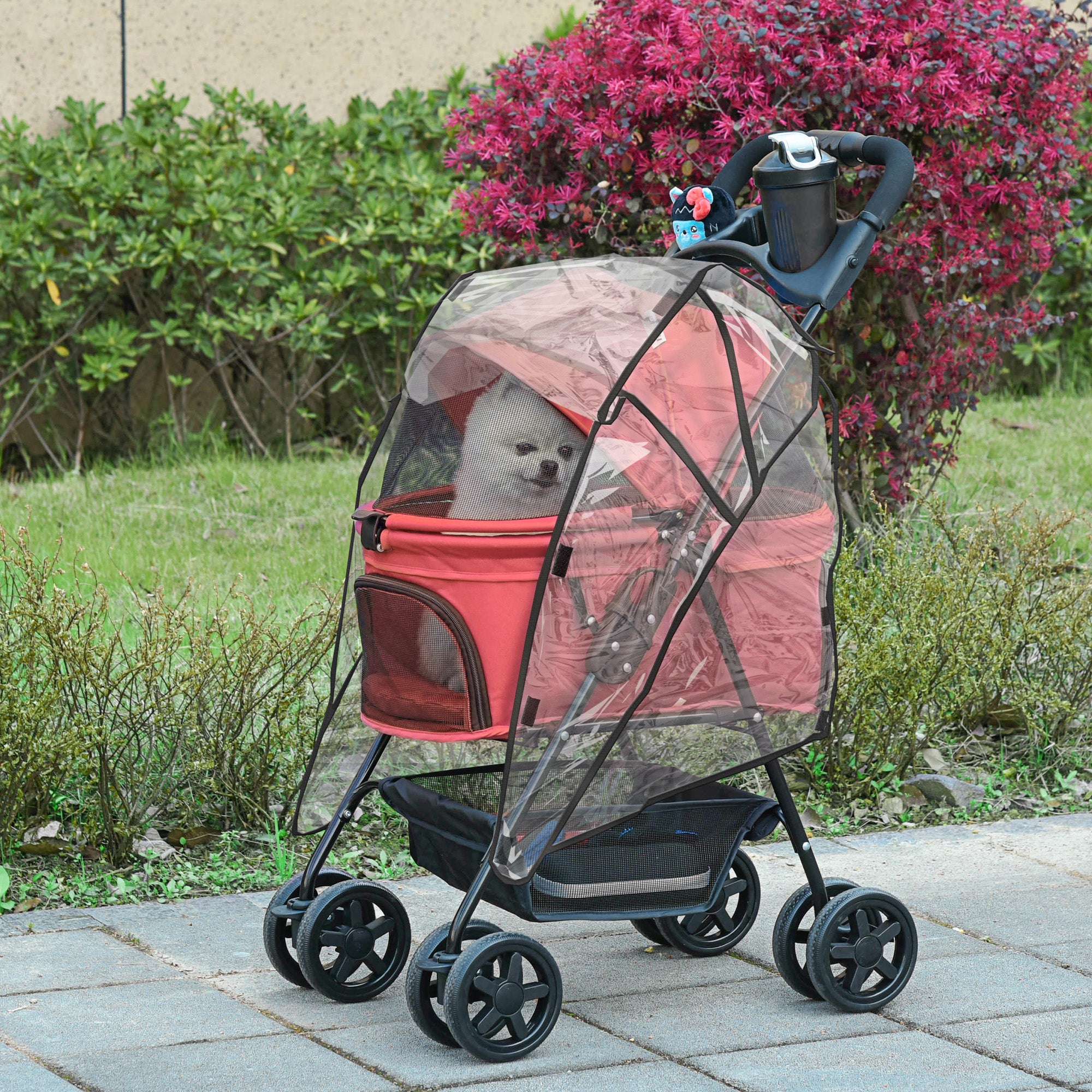 PawHut Dog Stroller with Rain Cover, Dog Pushchair One-Click Fold Trolley Jogger with EVA Wheels Brake Basket Adjustable Canopy Safety Leash for Small Dogs, Red - North Peak Garden Furniture