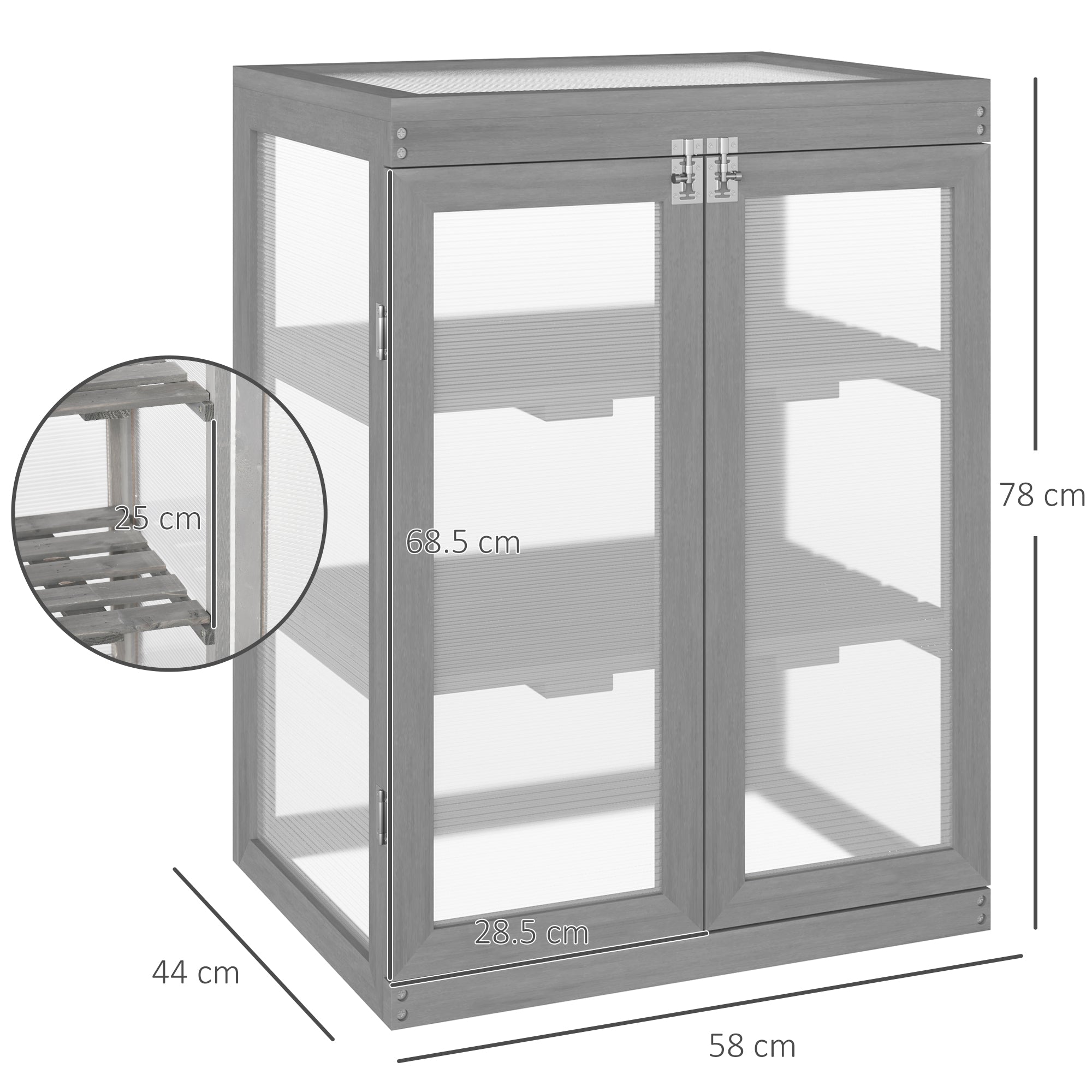 Outsunny 3-tier Wood Greenhouse Garden Polycarbonate Cold Frame Balcony Grow House w/ Storage Shelf for Plants, Flowers, Dark Grey - North Peak Garden Furniture