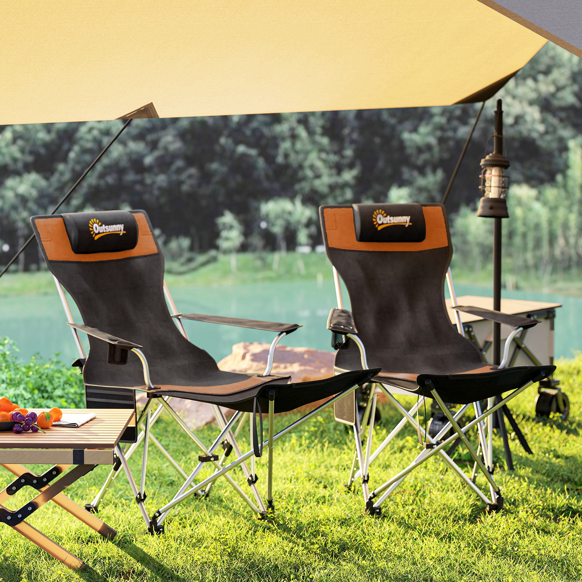 Outsunny Set of 2 Reclining Folding Camping Chair w/ Detachable Footrest, Storage Bag, Cup Holder & Headrest, Lightweight Portable Camp Chair for Beach, Picnic, Orange and Black - North Peak Garden Furniture