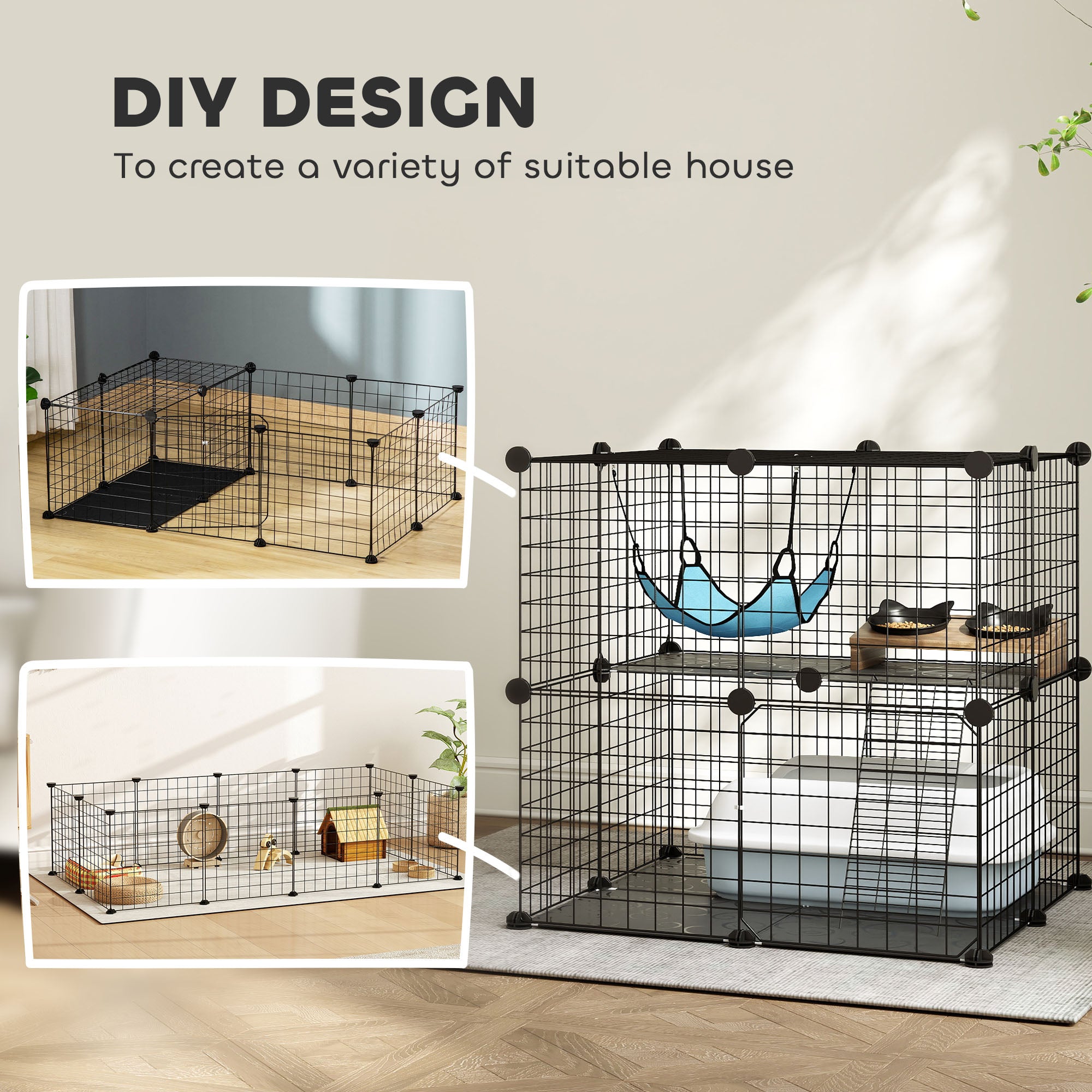 PawHut Indoor Cat Cage DIY Customizable 2-Tier Indoor Cat Enclosure with 2 Doors and Hammock 70 cm Black