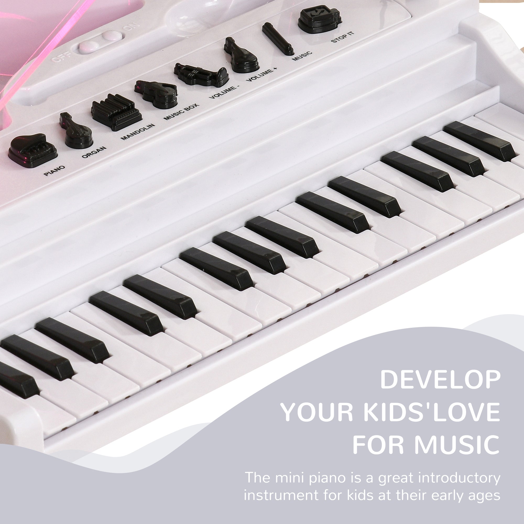 AIYAPLAY 32-Key Kids Piano Keyboard, with Stool, Lights, Microphone, Sounds, Removable Legs - White - North Peak Garden Furniture