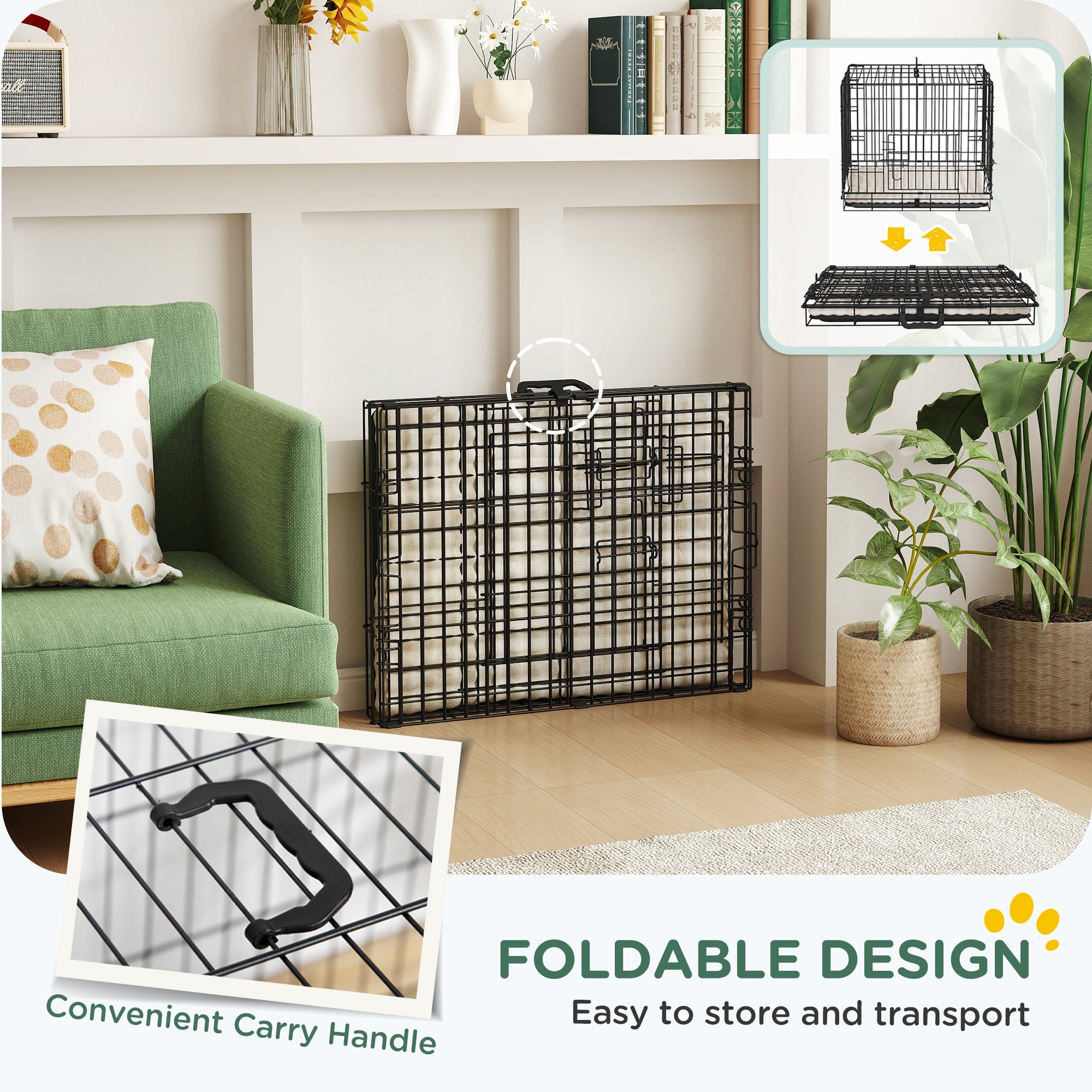 PawHut Dog Crate with 2 Doors with Tray, Soft Cushion, Foldable Metal Dog Cage for Extra Small Dogs, 60 x 40 x 50, Black - North Peak Garden Furniture