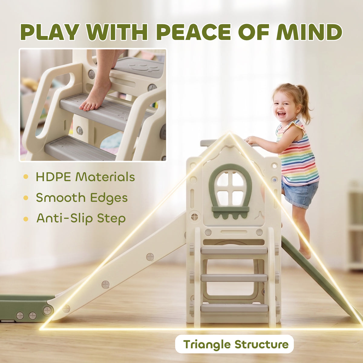 AIYAPLAY Foldable 5 in 1 Toddler Slide with Ladder, Climbing Wall, Basketball Hoop, Storage and Basketball for 1-3 Years, Cream