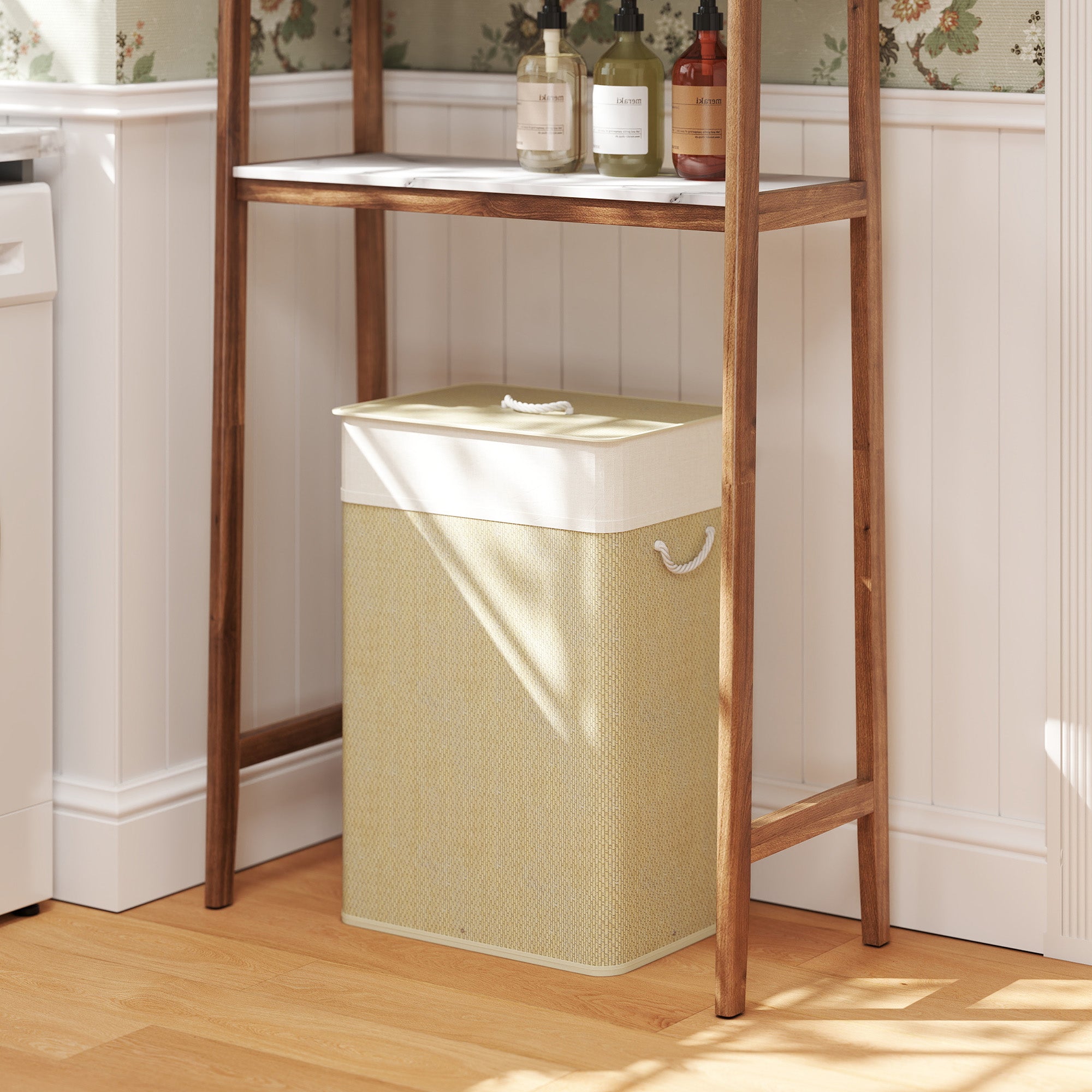 HOMCOM Bamboo Laundry Basket with Lid, 72L Laundry Hamper with Rope Handles, Washing Basket with Removable Washable Liner Bag for Bathroom, Bedroom, Nature Wood Finish - North Peak Garden Furniture