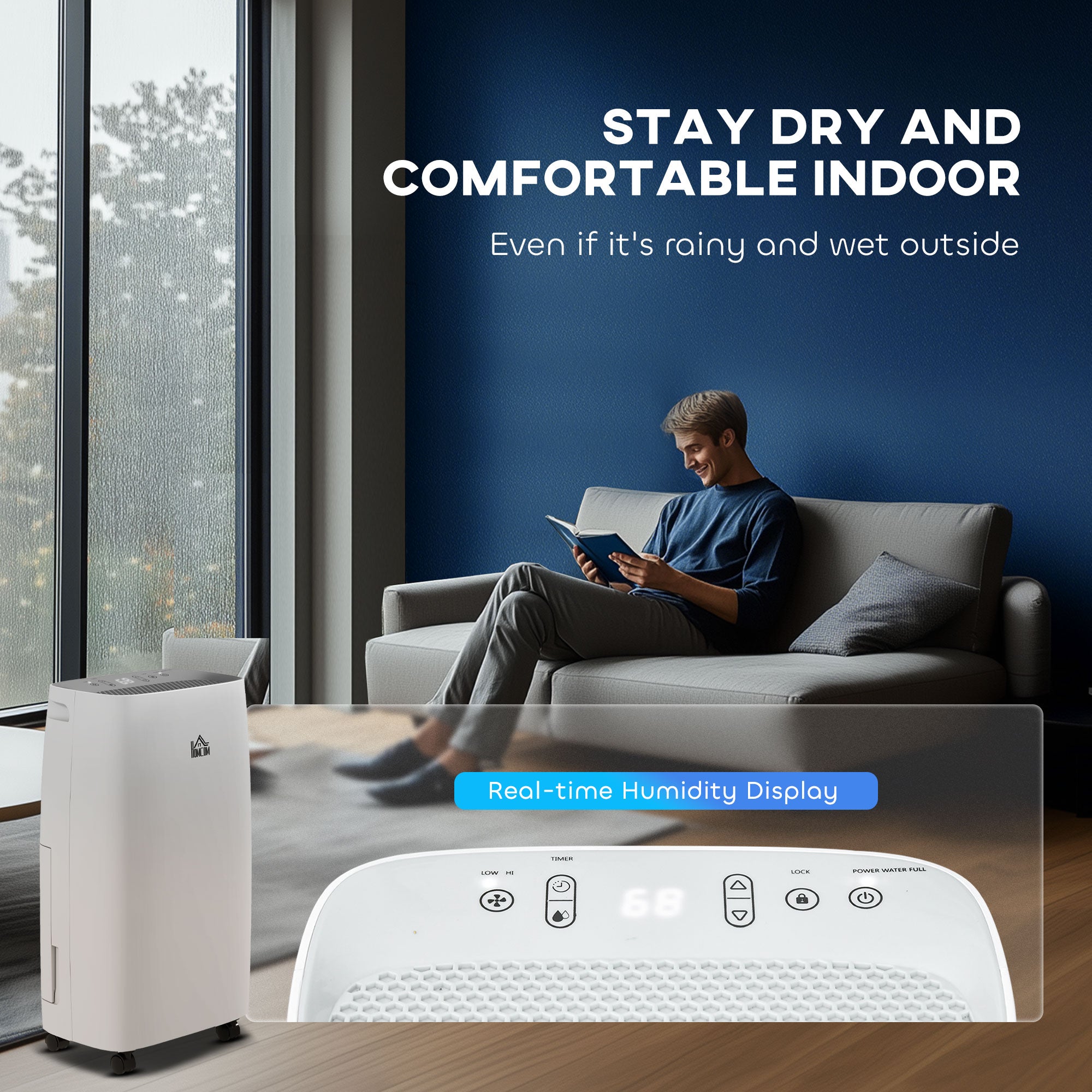 HOMCOM 12L/Day Dehumidifier with Continuous Drainage, 2.5L Water Tank, 24H Timer, Humidity Display, for Home Damp, Condensation, Mould and Laundry Drying, White - North Peak Garden Furniture