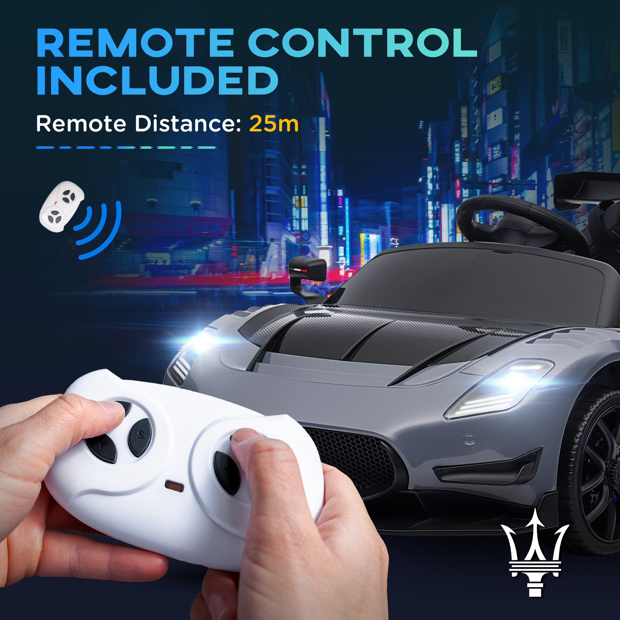 AIYAPLAY Maserati GT2 Licensed 12V Kids Electric Ride on Car with 4 Suspension, Remote Control Music Horn Lights - Grey - North Peak Garden Furniture