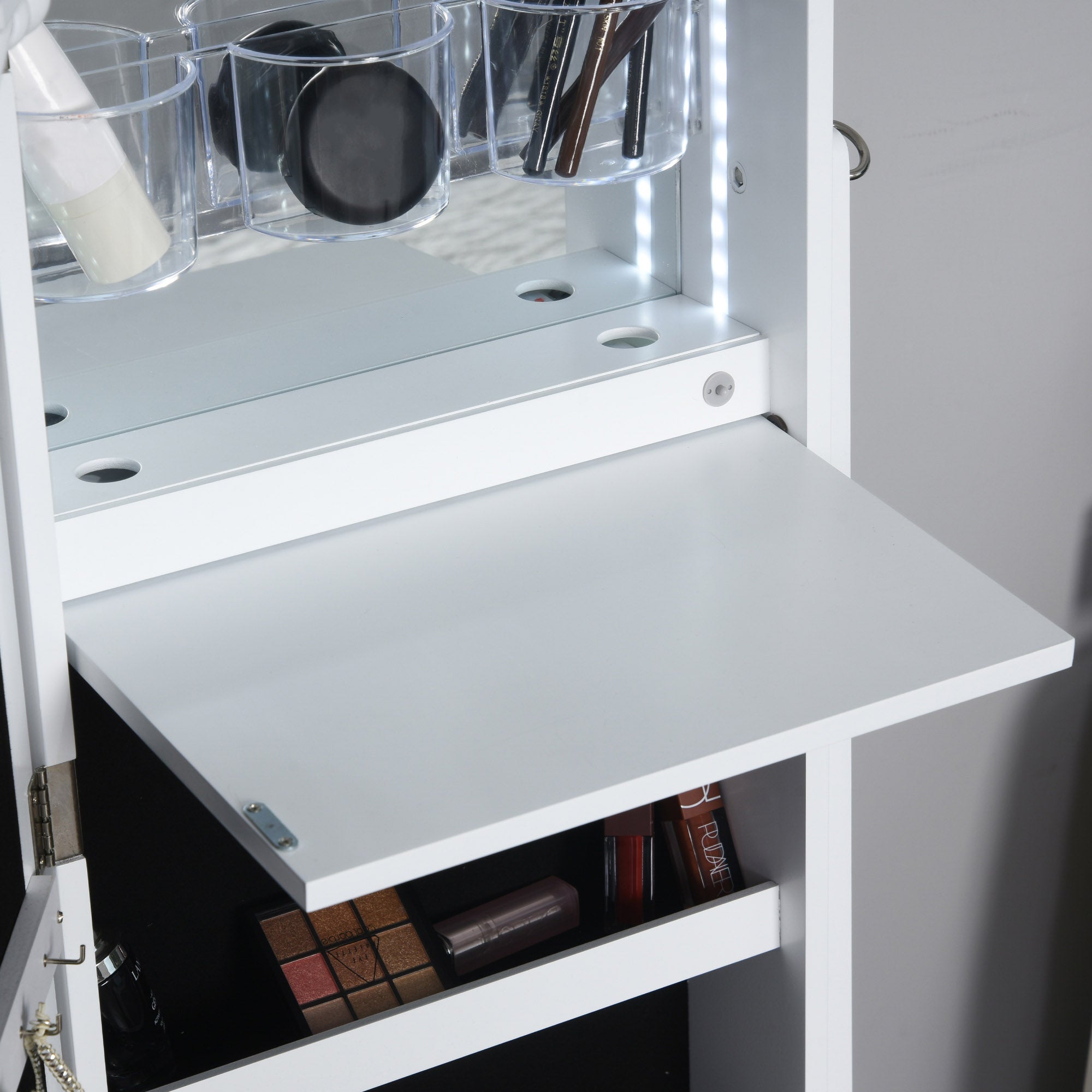 HOMCOM Jewellery Cabinet, Standing Mirror with LED Lights, Full-Length Mirror with Storage Drawers, Hooks and Shelves, Make-Up Armoire, Jewellery Organiser for Bedroom, White - North Peak Garden Furniture
